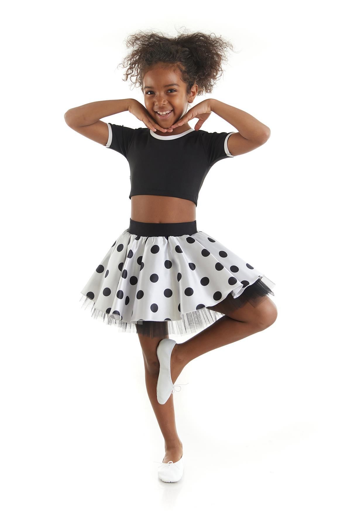 Tameris Kostüm Kız Çocuk Siyah Beyaz Puantiyeli Dans Kostümü - 23 Nisan Kıyafetleri