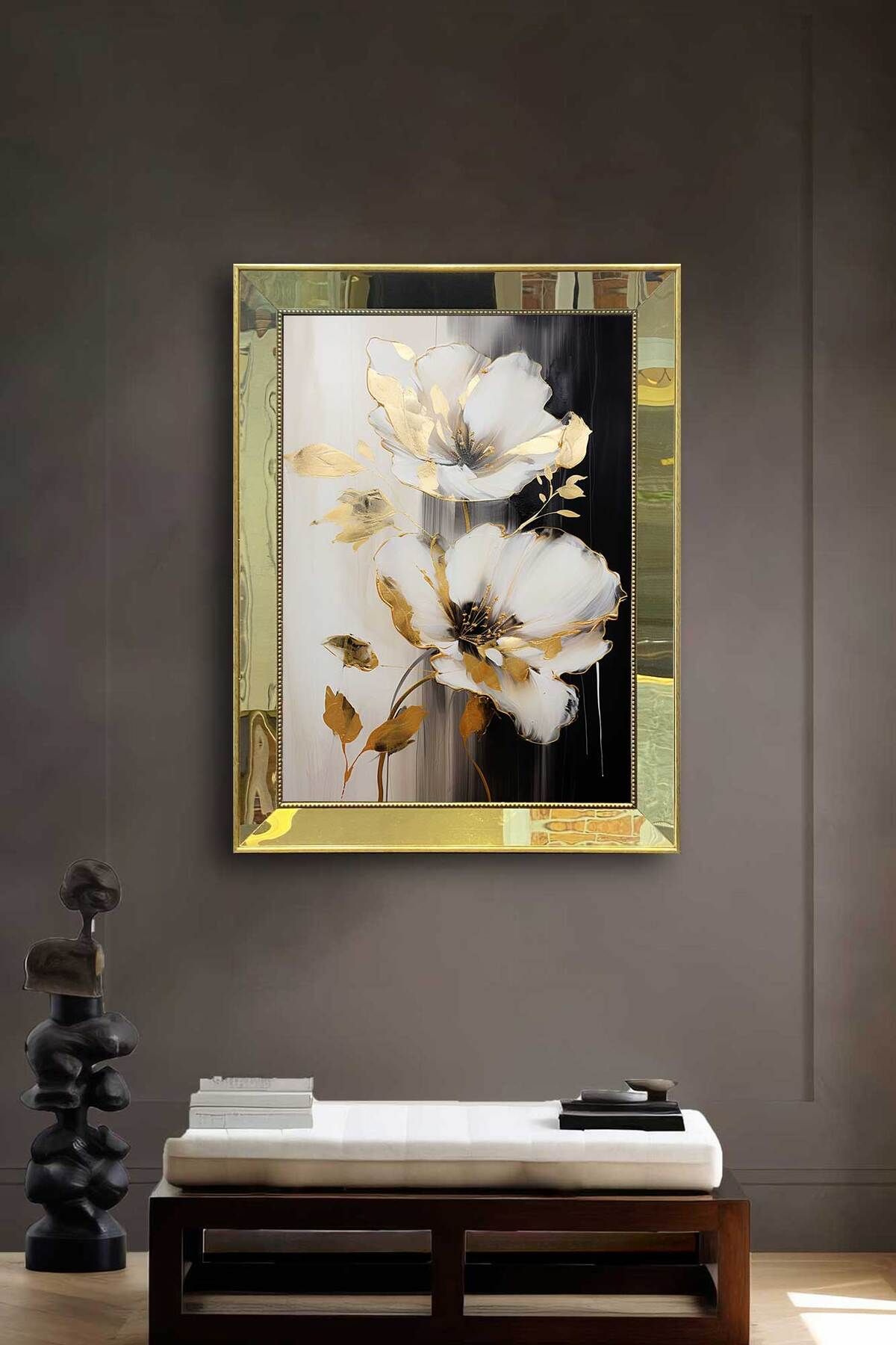 Voovart Gold Ayna Çerçeveli Beyaz Çiçek Lüks Tablo ( 83x63cm )