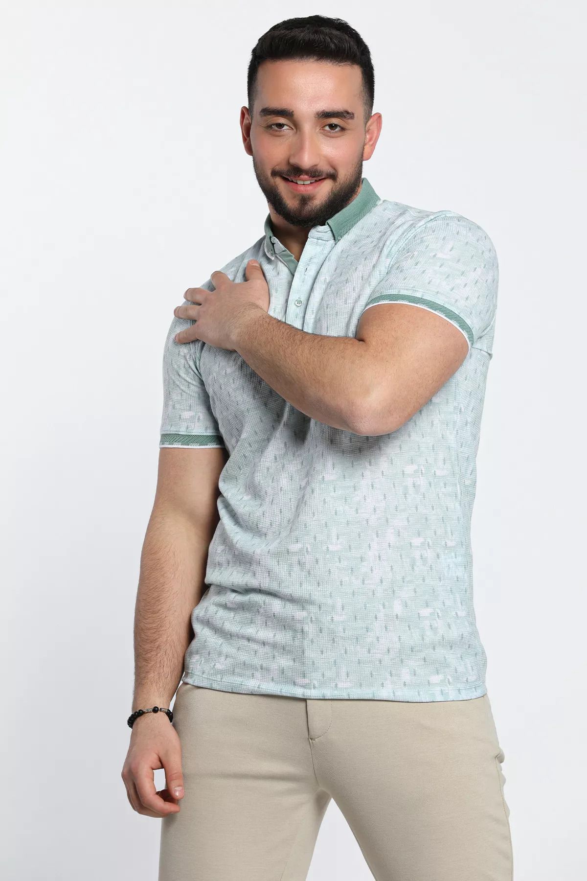 Julude Mint Polo Yaka Yarım Düğme Detaylı Desenli Erkek Tişört