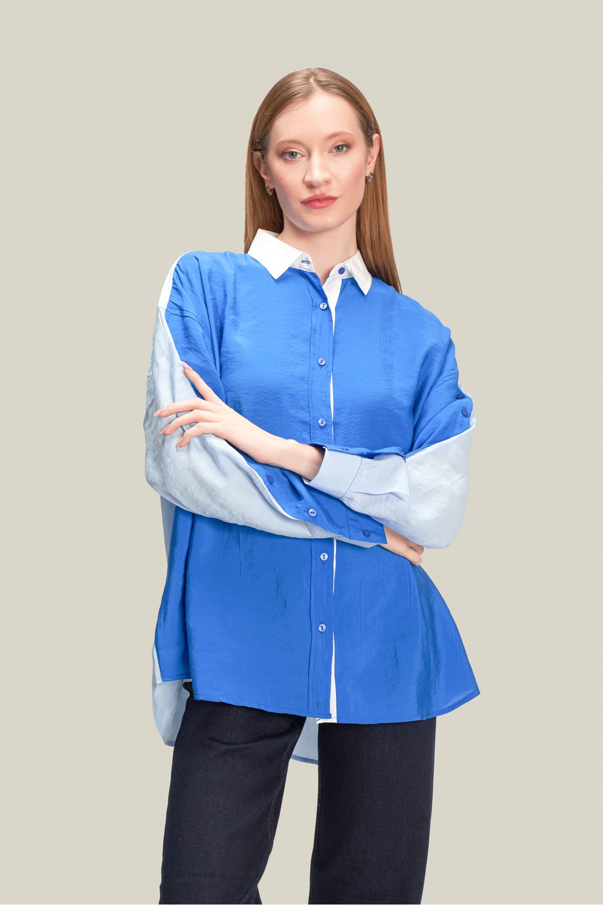 thepery The Pery Mavi Kadın Modal Tasarım Gömlek Kol Düğme Detaylı