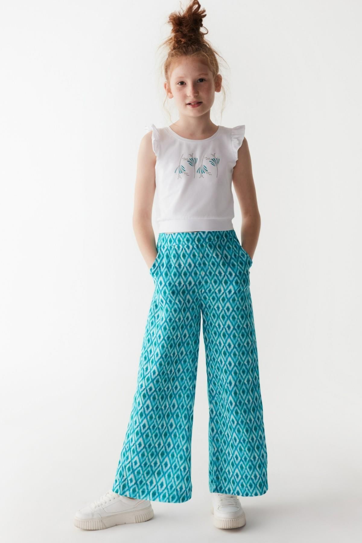 Nk Kids Kız Çocuk Desenli Bol Paça Yazlık Pantolon 56331 Mavi