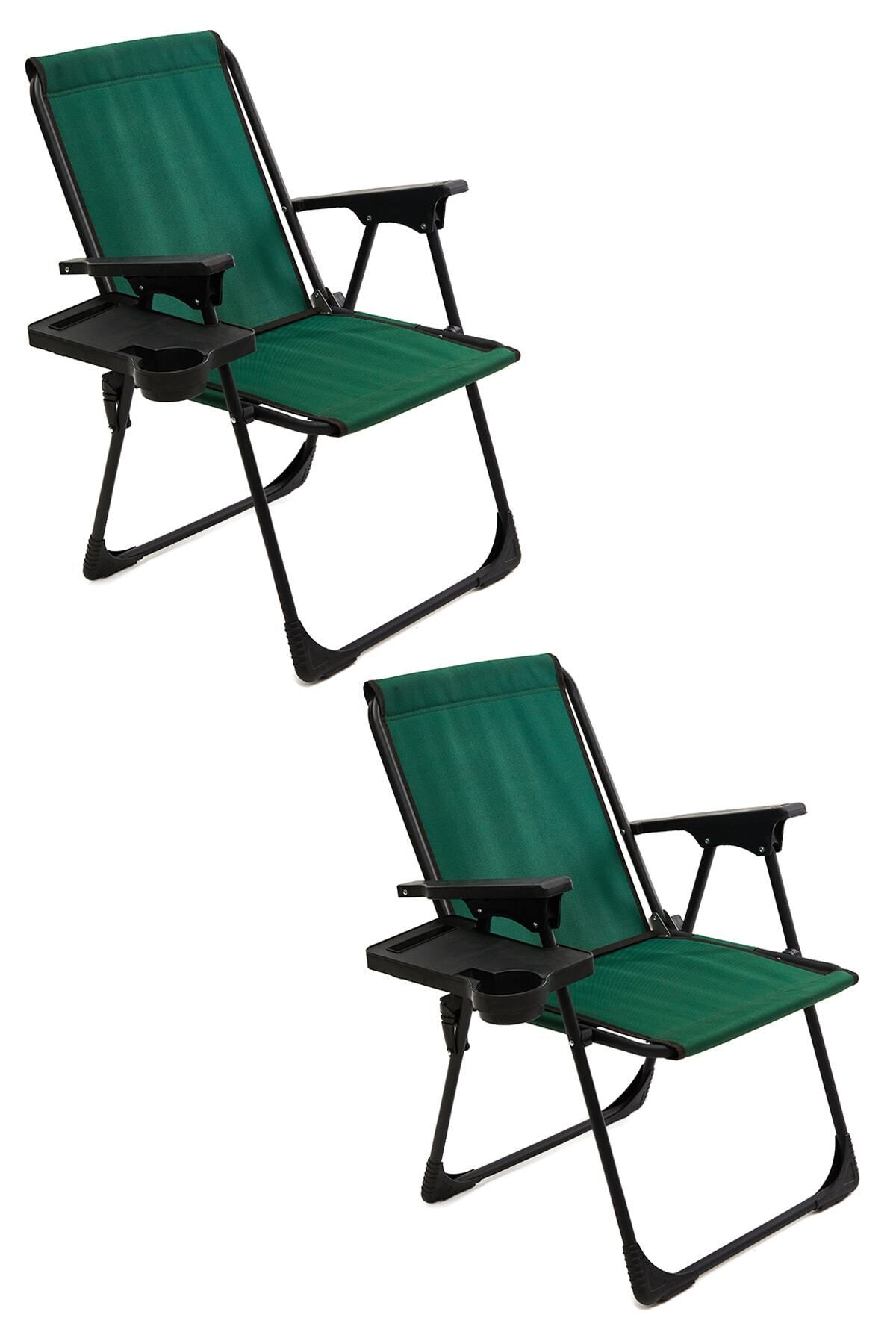 moniev Natura 2 Adet Kamp Sandalyesi Katlanır Piknik Sandalye Dikdörtgen Bardaklıklı Yeşil