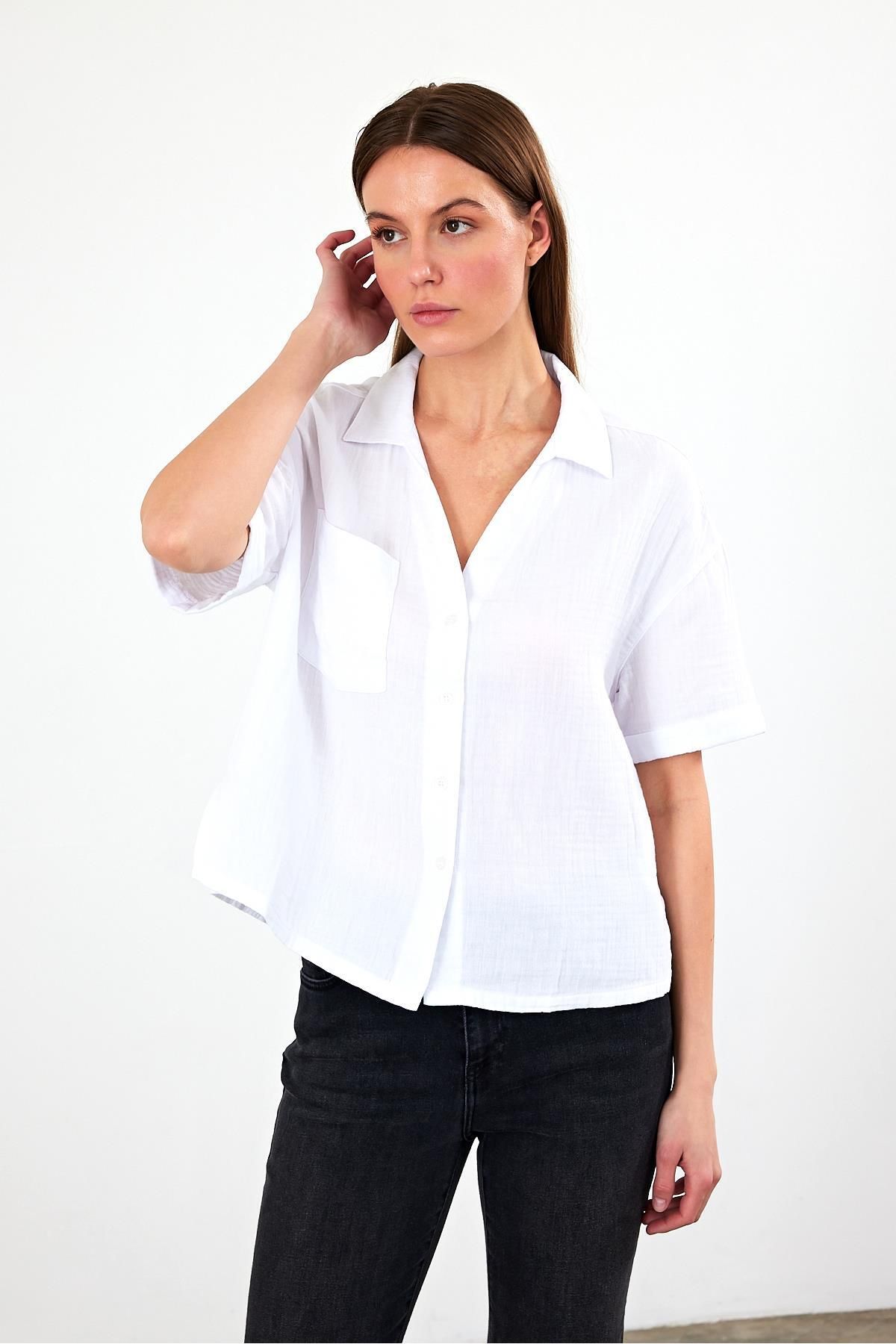 VENA Kadın Dany Beyaz Kısa Kollu Regular Fit Müslin Gömlek