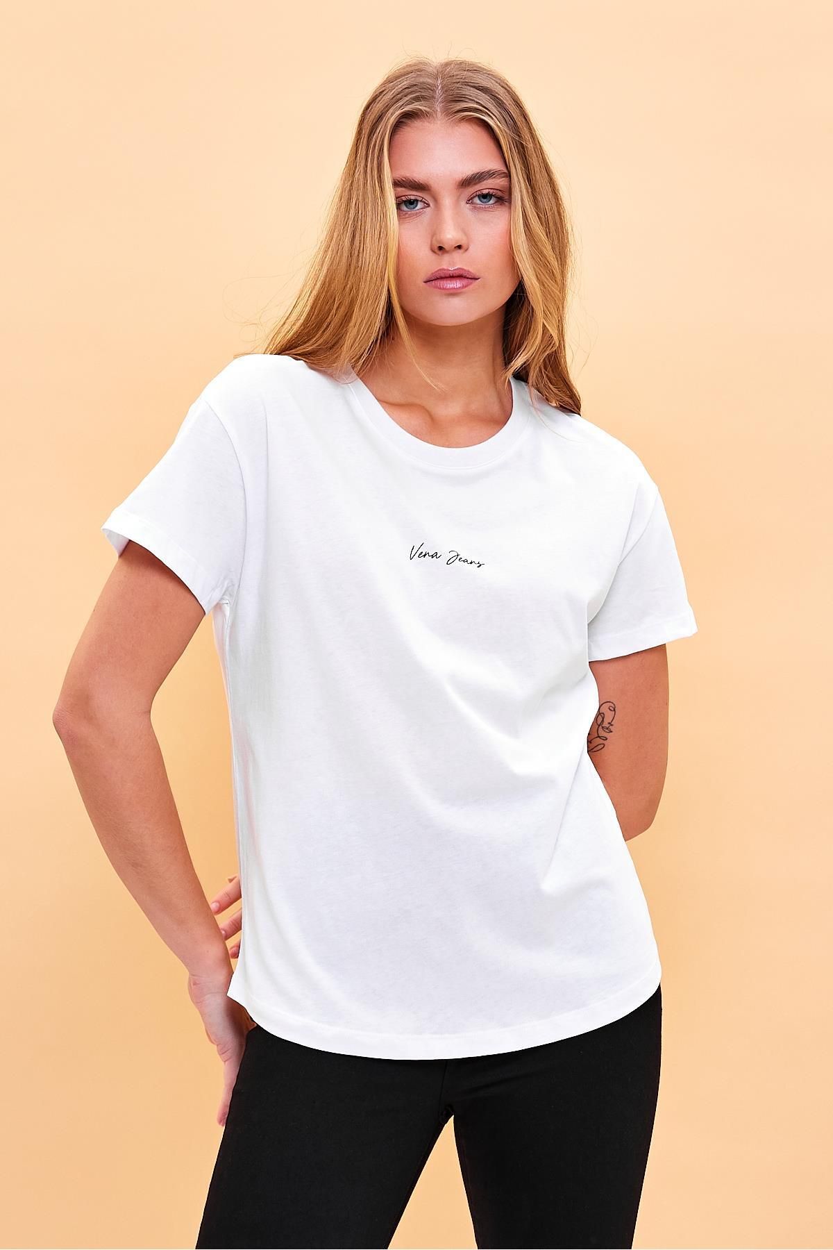 VENA Kadın Mini Vena Logo Baskılı Beyaz Regular Fit Tişört
