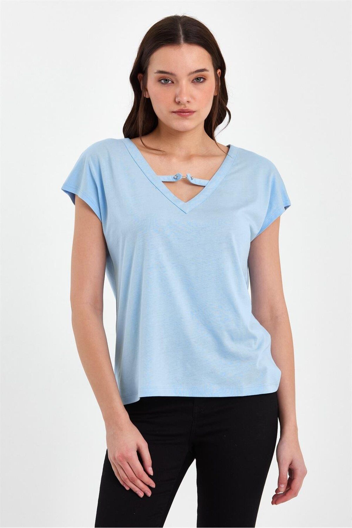 VENA Kadın Lauren Mavi V Yaka Önü Detaylı Modal Tişört