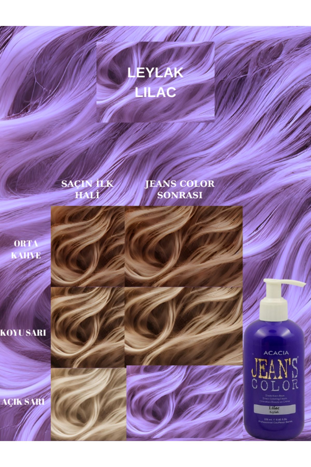 jeans color Amonyaksız Renkli Saç Boyası Leylak 250 Ml. Kokusuz Su Bazlı Lılac Hair Dye