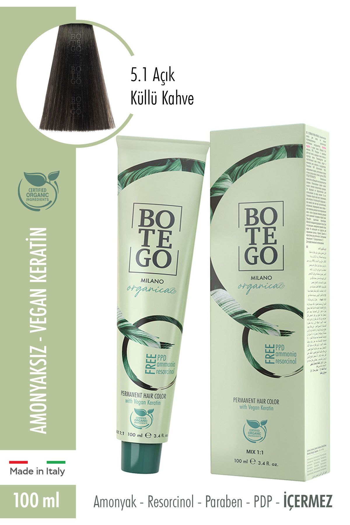 botegohair Botego Organica Krem Boya - 5.1 Açık Küllü Kahve 100 ml