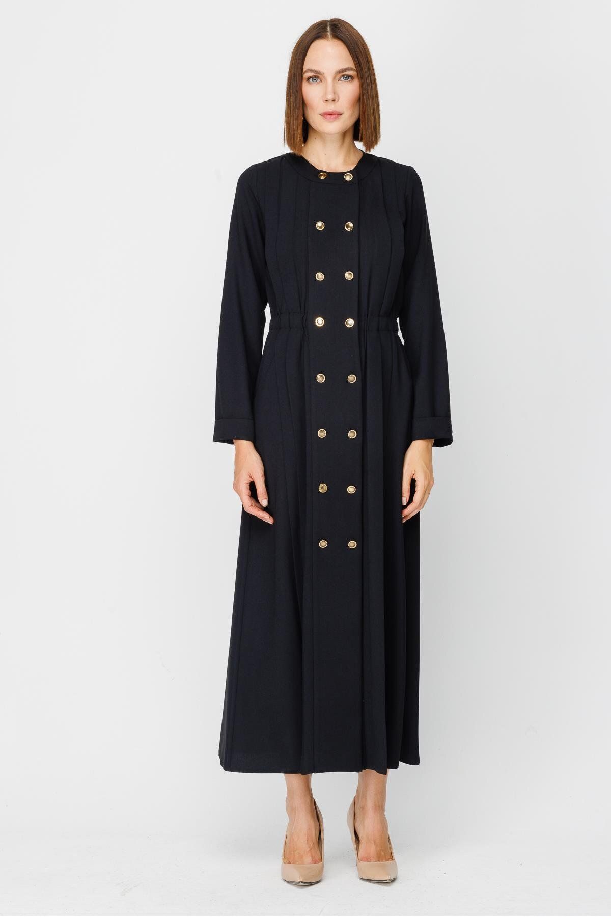 accort Düğme Detaylı Uzun Krep Elbise - SİYAH