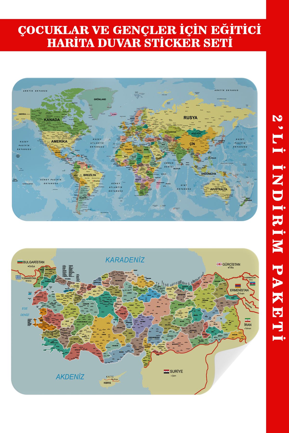 YE LOTUS Lts seri001  Eğitici - Öğretici Dünya ve Türkiye Haritası Çocuk Odası Duvar Sticker-60x105-3888