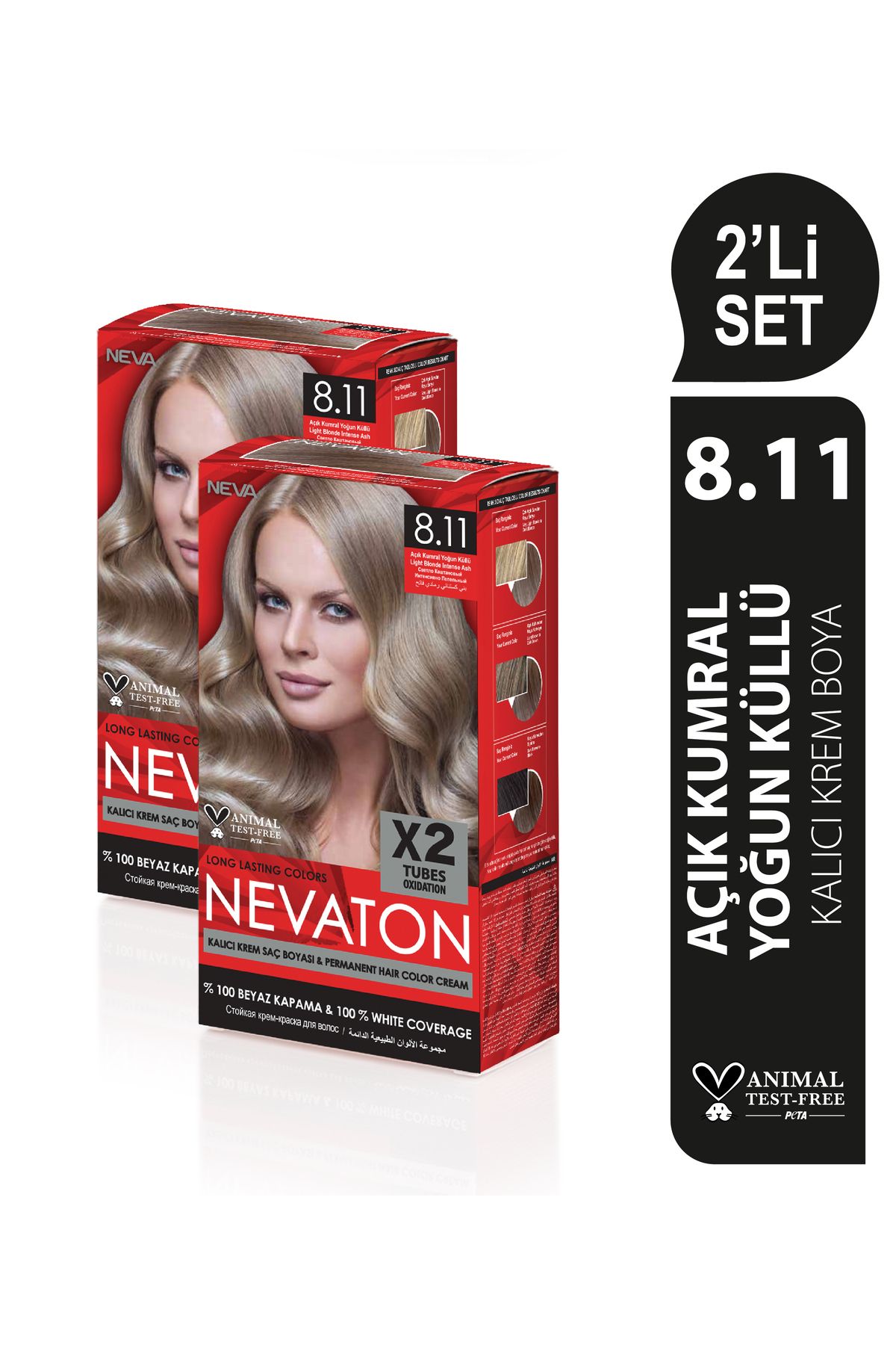 Nevaton 2'Lİ SET 8.11 AÇIK KUMRAL YOĞUN KÜLLÜ Kalıcı Krem Saç Boyası Seti (4 boya + 4 oksidan)