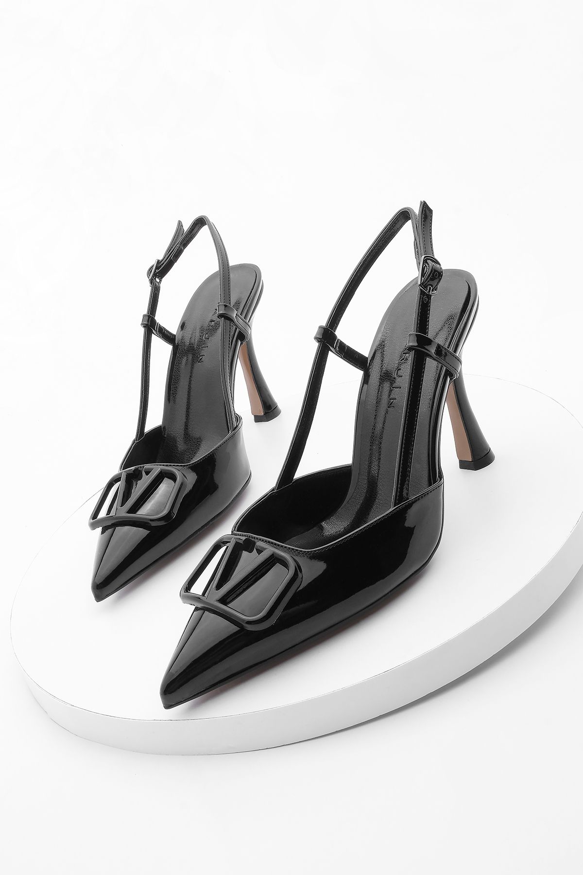 Marjin Kadın Stiletto Sivri Burun Topuklu Ayakkabı Pidar Siyah Rugan