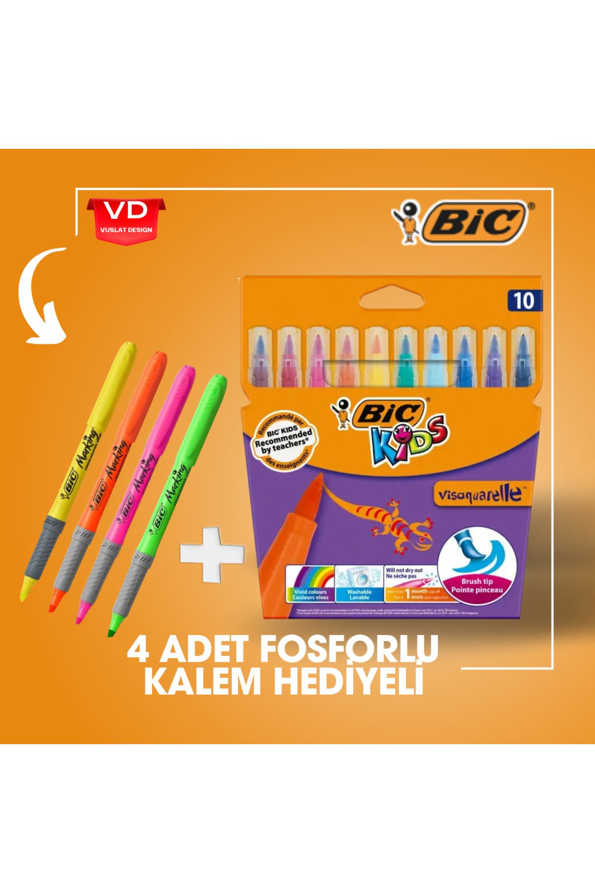 Bic Kids Visaquarelle Fırça Uçlu Keçeli Boya Kalemi 10 Renk Kalem Seti Fosforlu Kalem Hediyeli