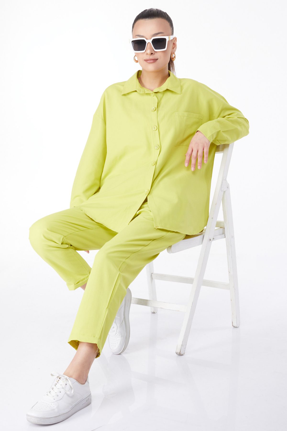 TOFİSA Düz Gömlek Yaka Kadın Yeşil Tunık Pantolon - 10563