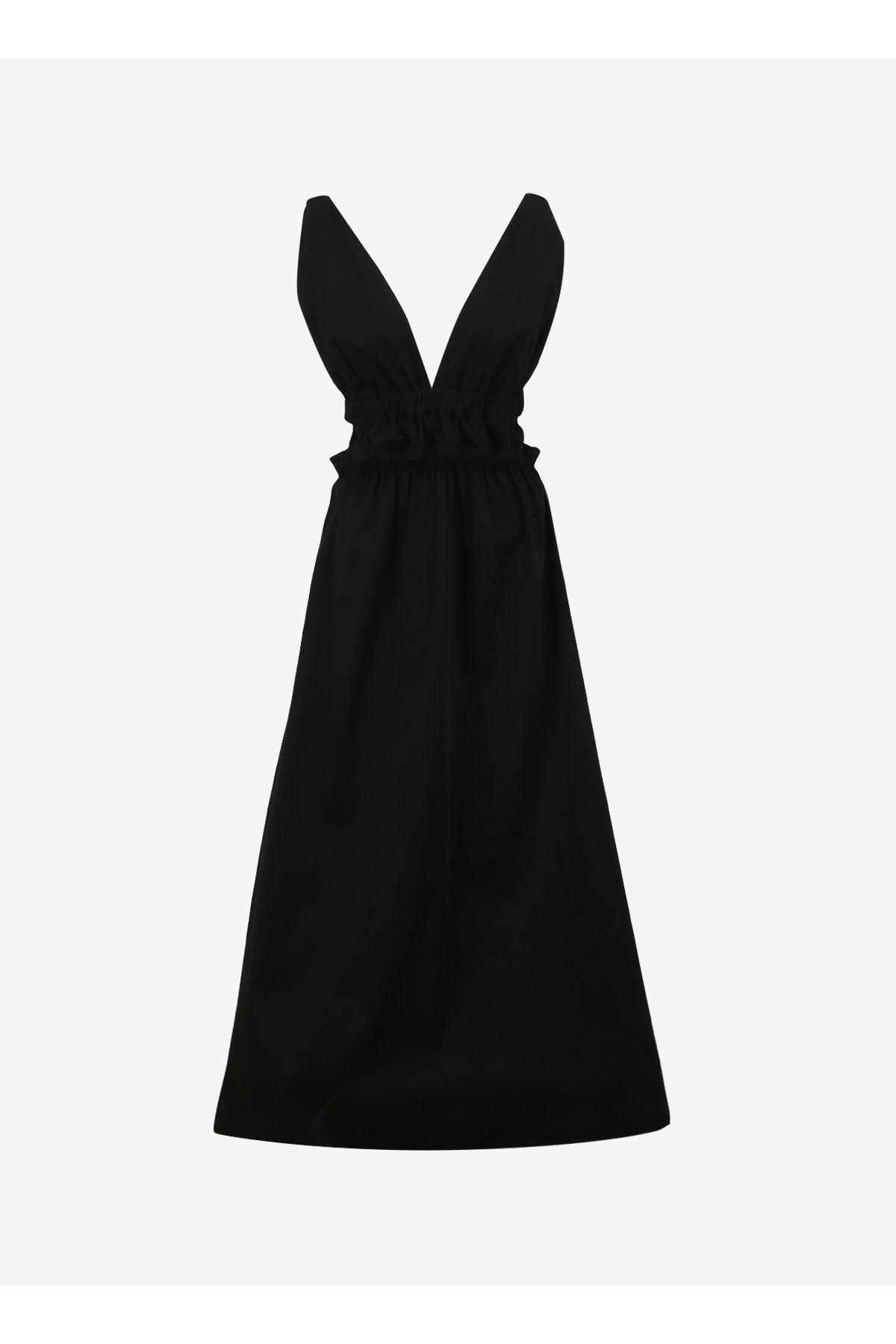 Fabrika V Yaka Düz Siyah Midi Kadın Elbise F4SL-ELB0692