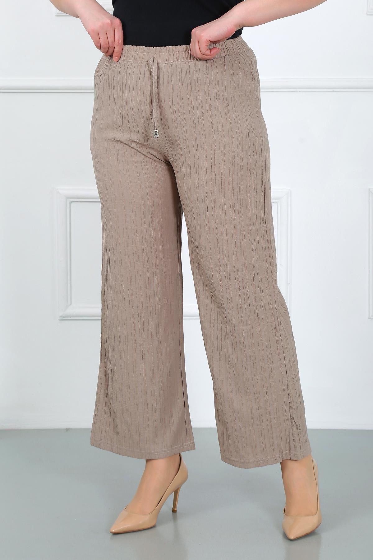By Alba Collection Kadın Taş Rengi Bürümcük Beli Full Lastikli Büyük Beden Pantolon