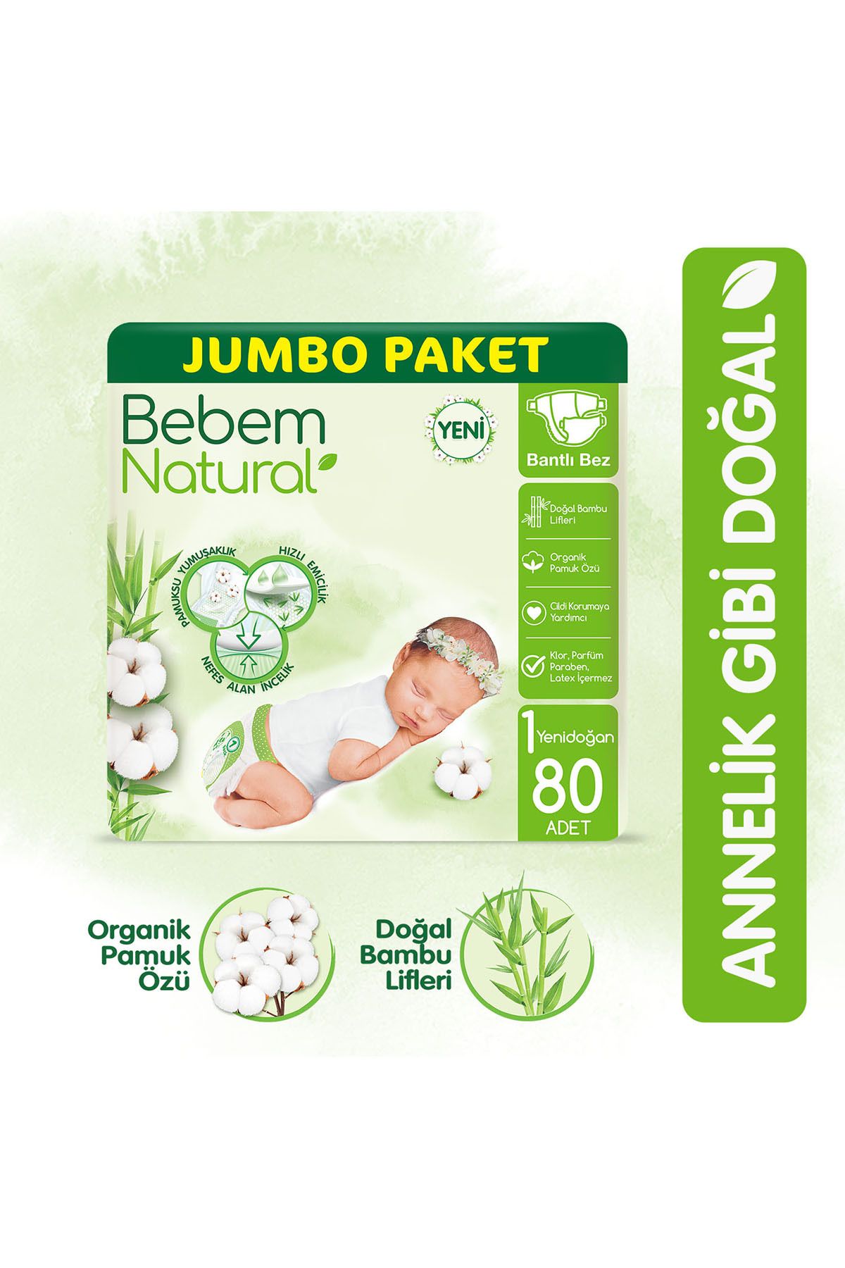 Bebem Natural Bebek Bezi 1 Beden Yenidoğan Jumbo Paket 80 Adet