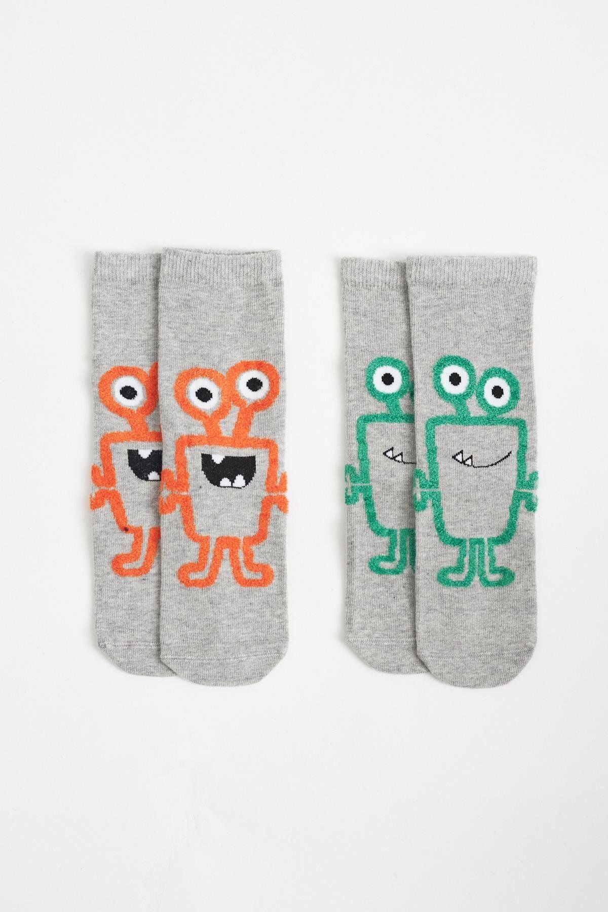 Katia & Bony 2'li Paket Monster Çocuk Soket Çorap Yeşil/Turuncu