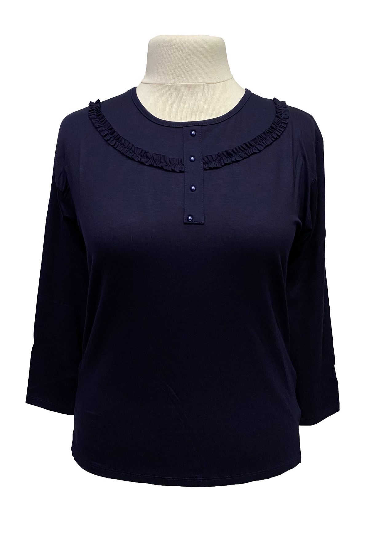 Giyinen Mağazaları Lacivert Derya Yuvarlak Yaka Fırfır Detaylı Penye Bluz