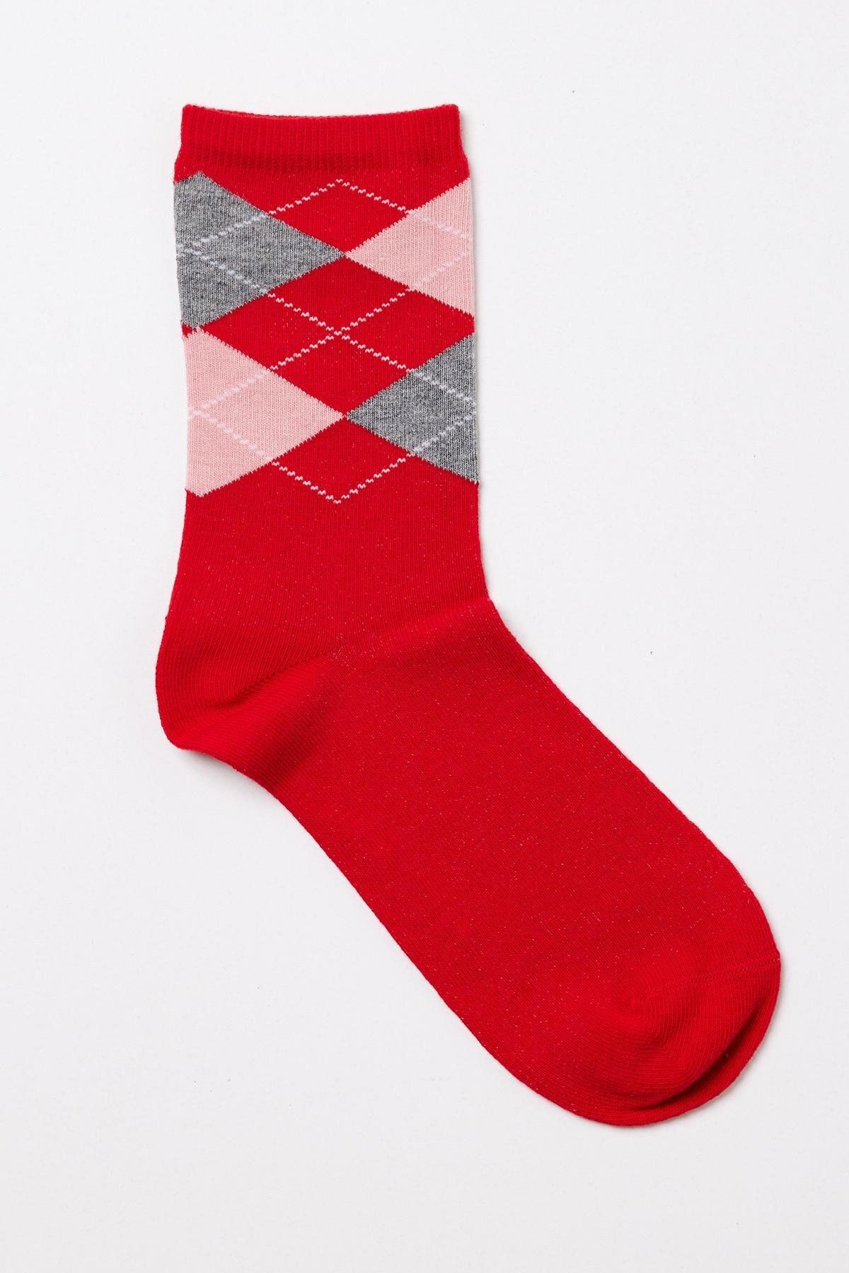 Katia & Bony Kadın Ekose Desenli Pamuklu Soket Çorap Kırmızı