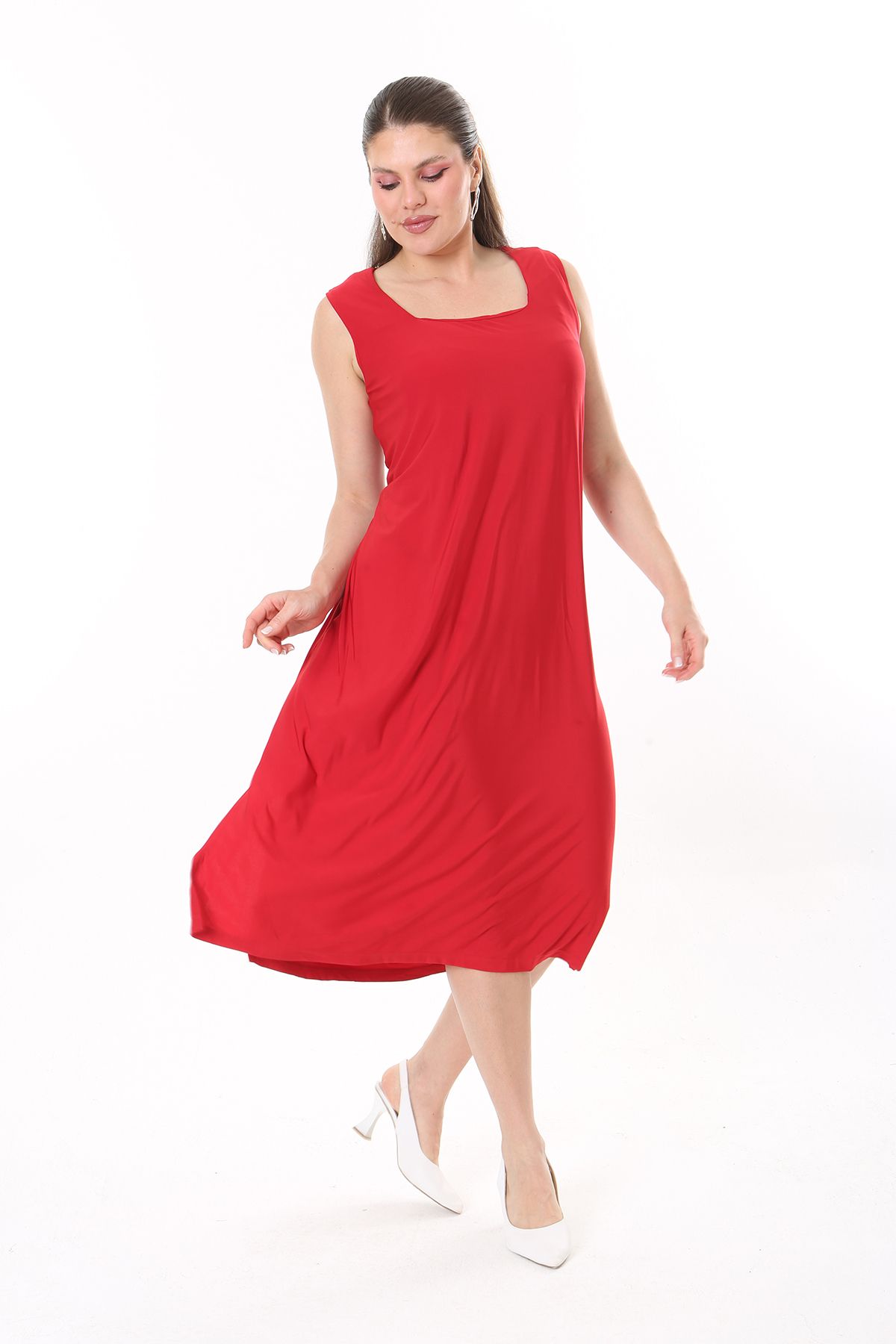 Şans Kadın Büyük Beden Kırmızı Kare Yakalı Kolsuz Uzun Elbise 65N37738