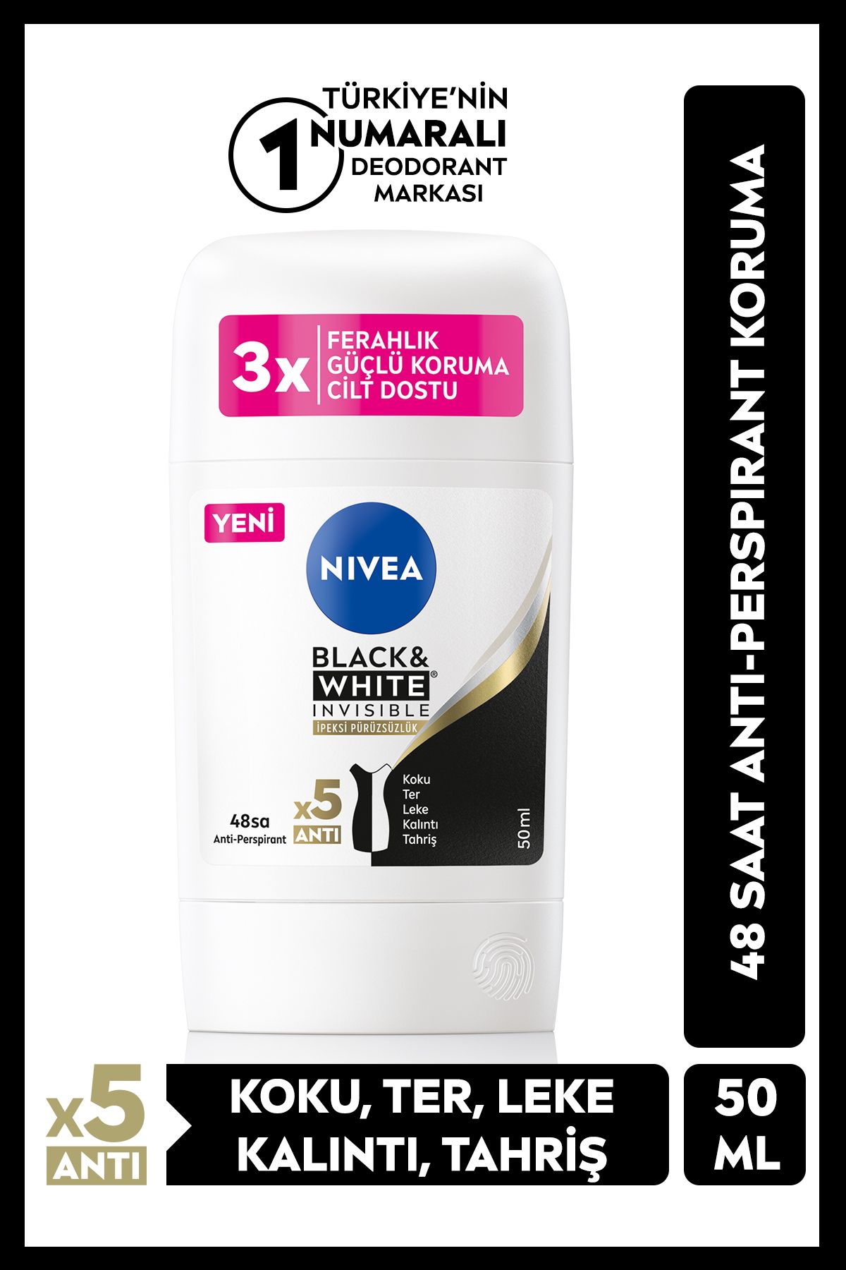 NIVEA Kadın Stick Deodorant Black&White Invisible İpeksi Pürüsüzlük 50ml, 48 Saat Anti-perspirant