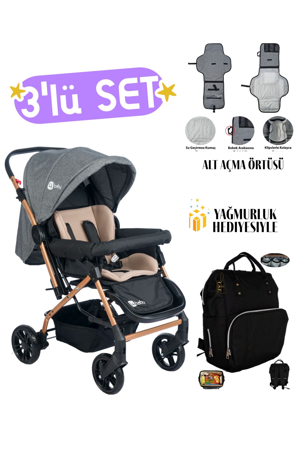 4 Baby Çift Yönlü Bebek Arabası Çanta ve Alt Açma Bezi