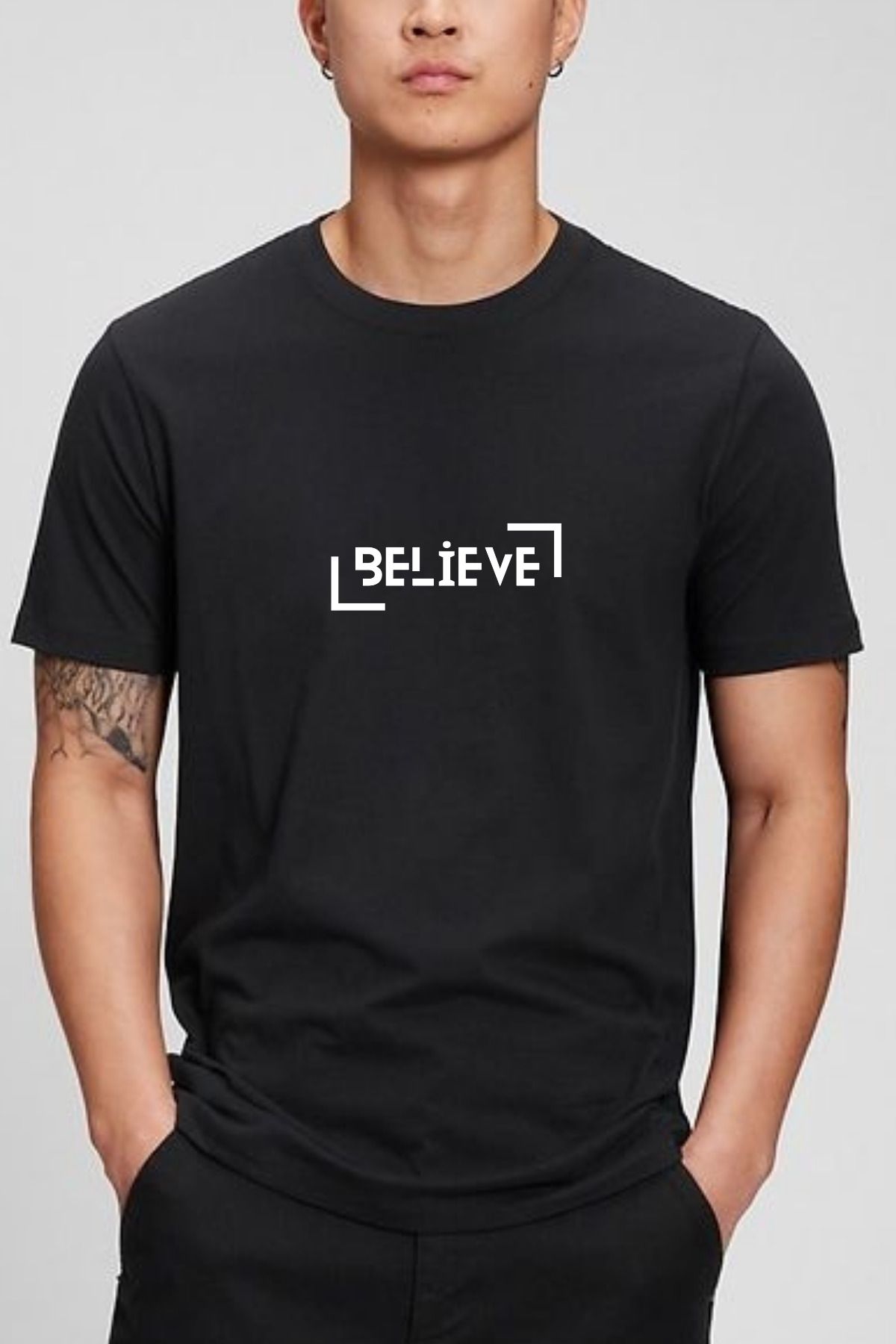 great peak est 2021 Erkek Tişört %100 Pamuk Believe Siyah Beyaz Basic T-shirt