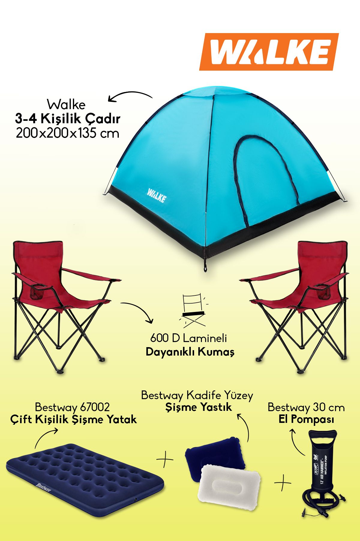 Walke Lüks Kamp Seti 4 Kişilik Çadır Çift Kişilik Yatak 2 Adet Kırmızı Sandalye 2 Yastık Pompa