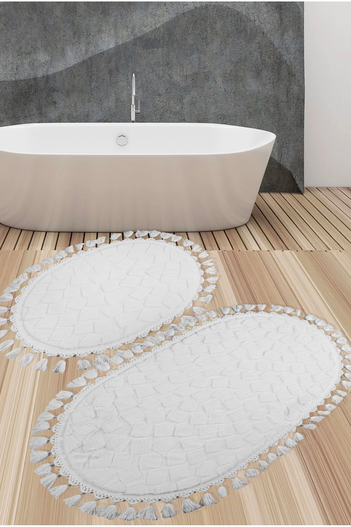 VOPTEKS Oval Peluş Banyo Paspası Yumuşak Beyaz Peluş Banyo Paspası Makinede Yıkanabilir Leke Tutmaz