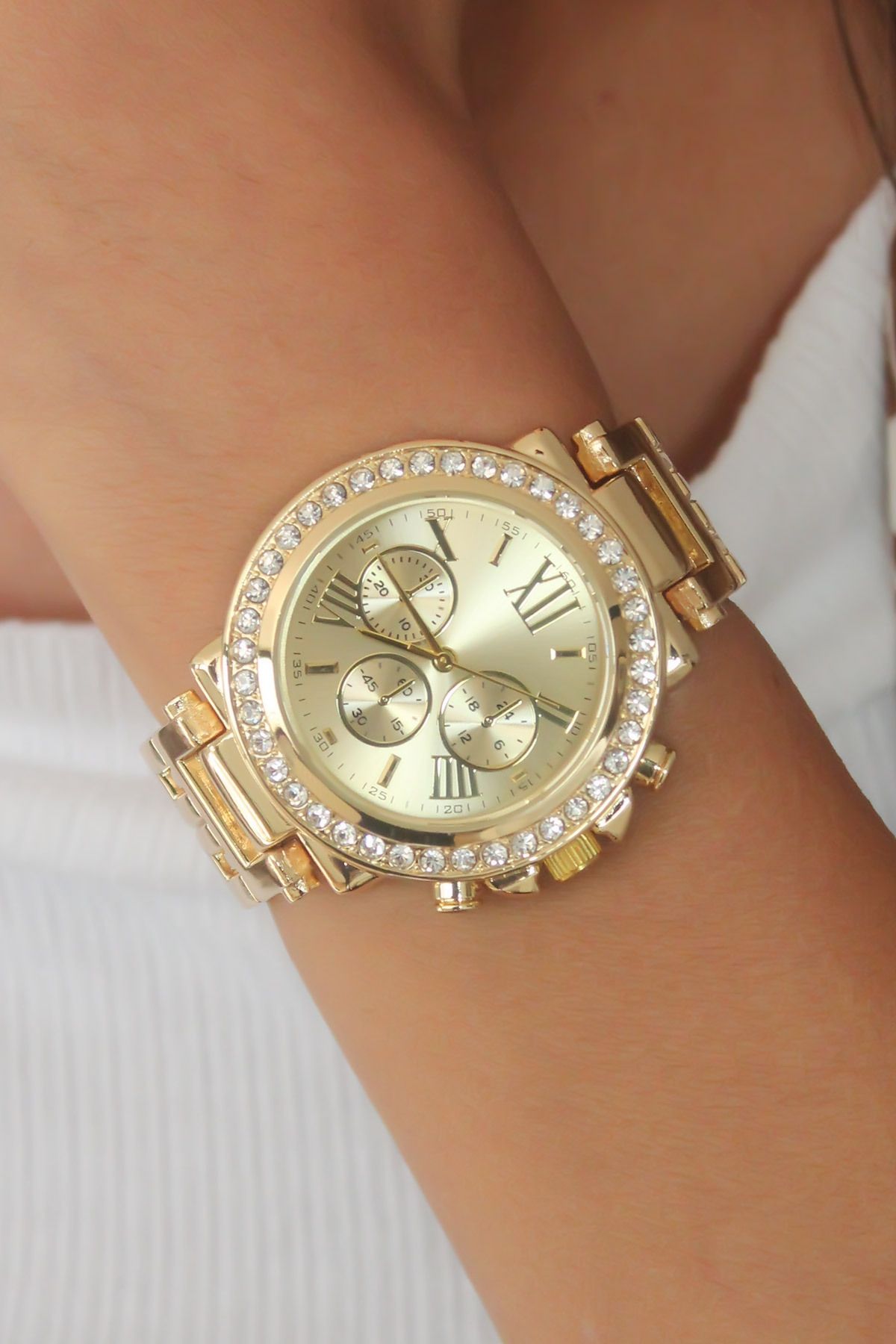 Afrodit CLZ943  Gold Metal Kasa Taşlı Kadın Kol Saati