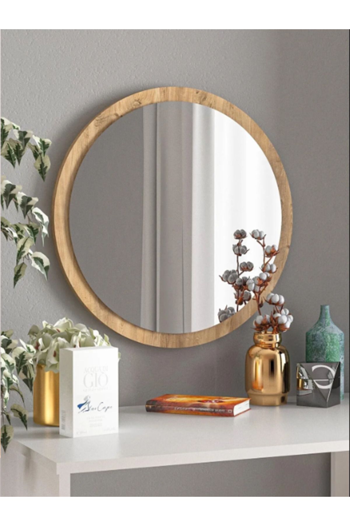 er enirey collection Açık Ceviz Dekoratif Yuvarlak Antre Hol Koridor Duvar Salon Mutfak Banyo Wc Ofis Aynası 50 cm