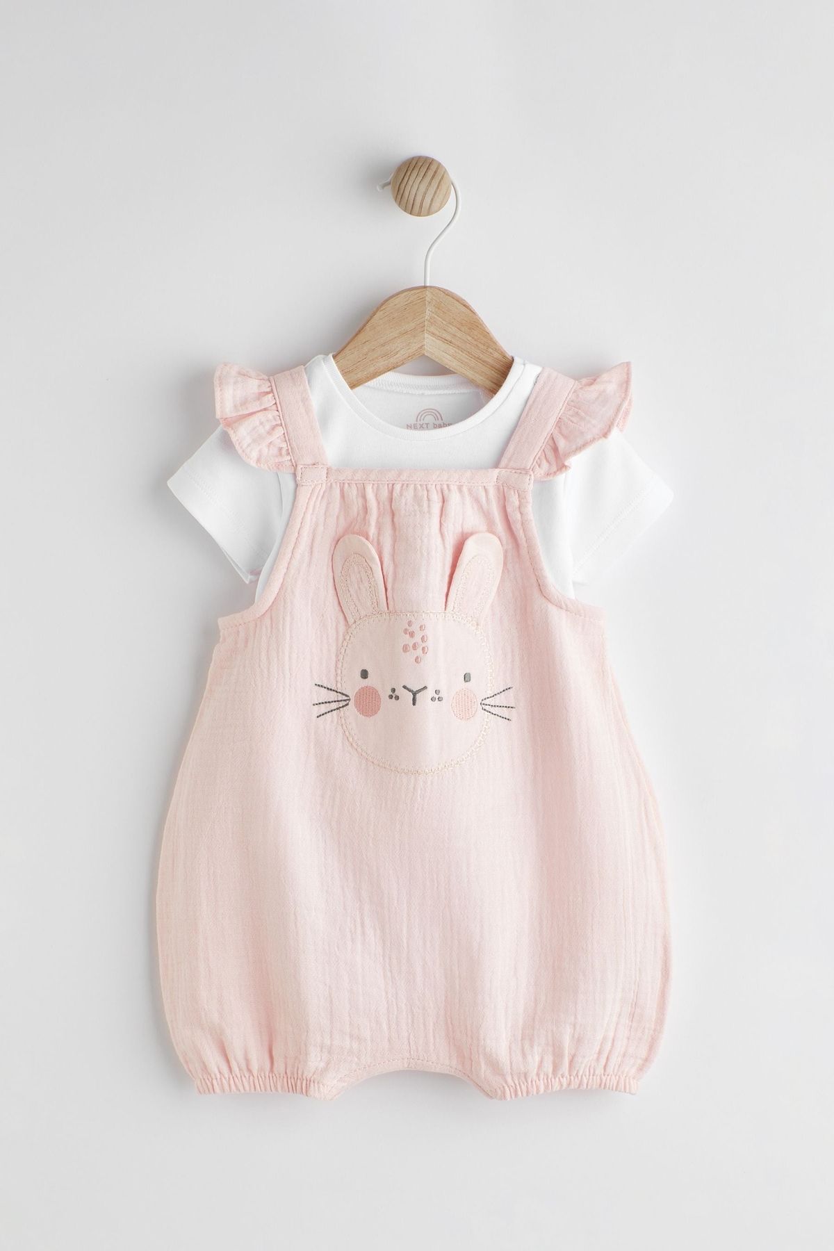 Next Baby % 100 Pamuklu Pembe Tavşan Desenli Kısa Kollu Salopet Body Zıbın Set