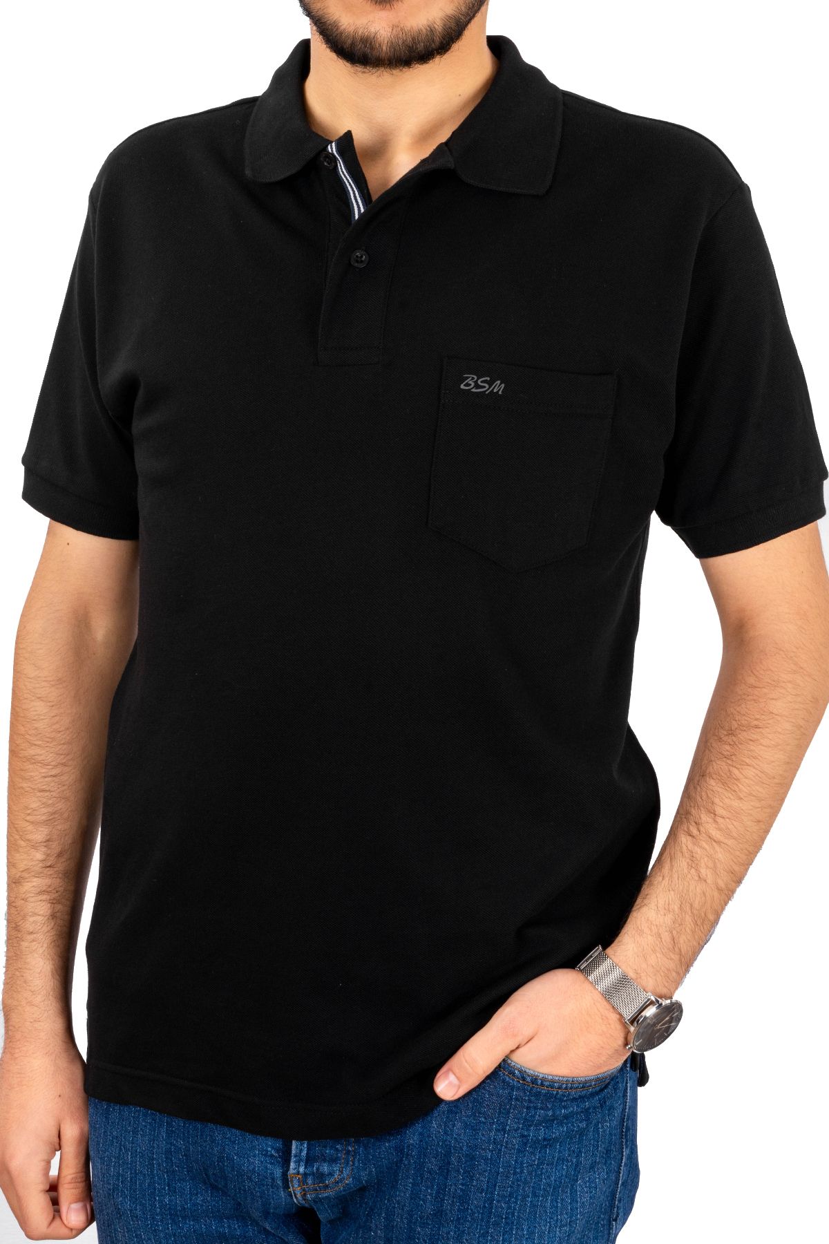 BSM Erkek Yüksek Kalite Cepli Kısa Kollu Polo Yaka Siyah Pike T-Shirt