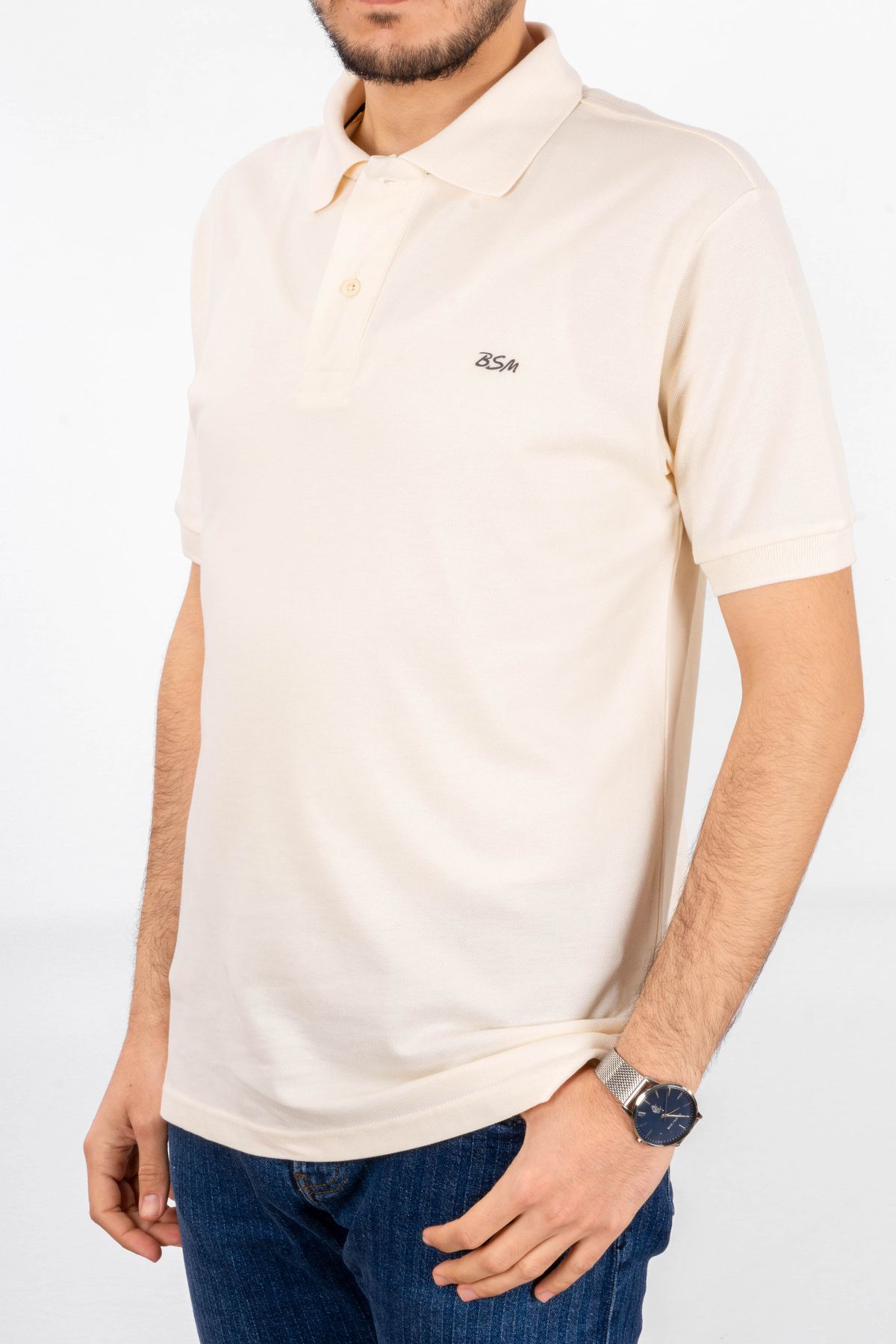 BSM Erkek Yüksek Kalite Kısa Kollu Polo Yaka Ekru Pike T-Shirt
