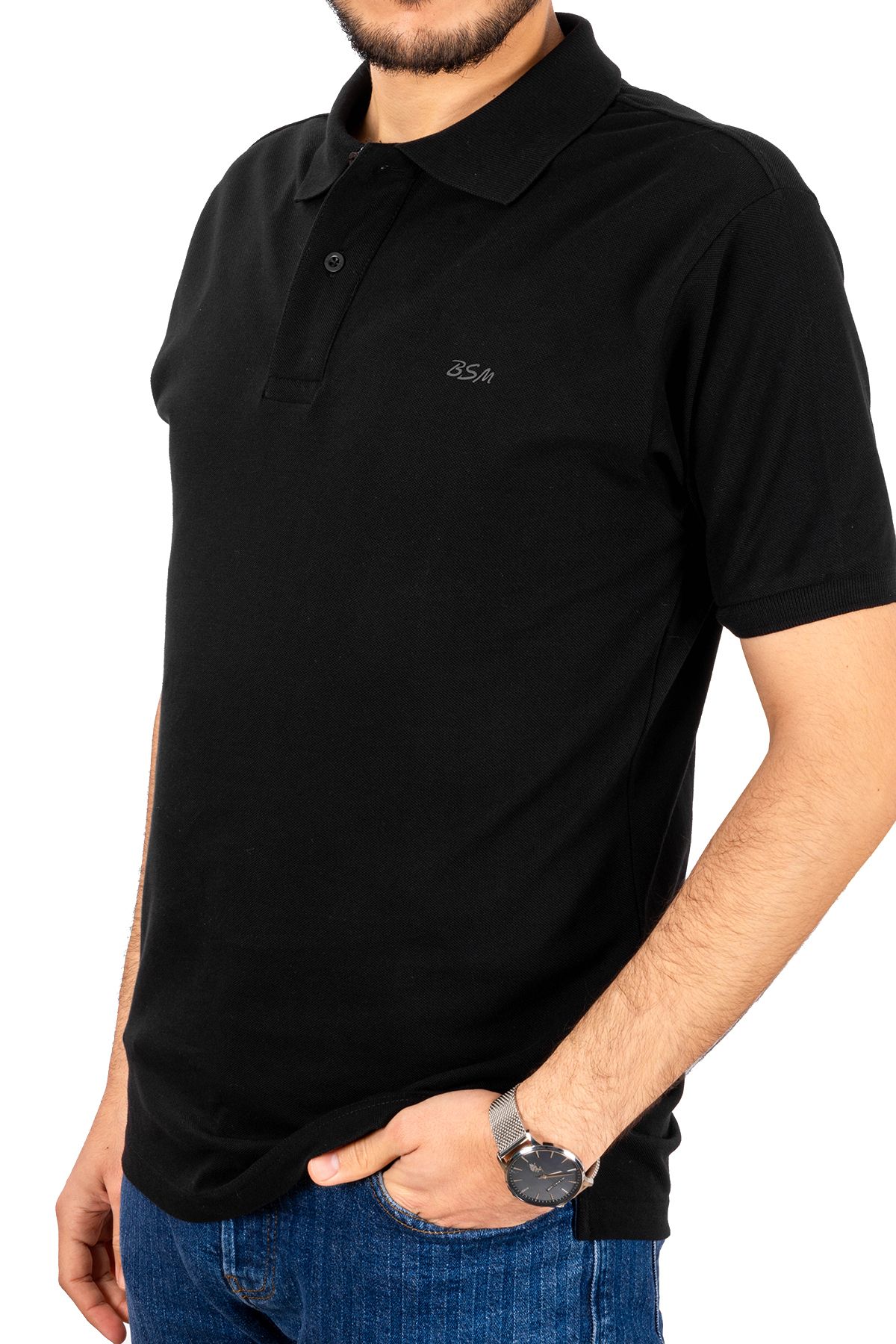 BSM Erkek Yüksek Kalite Kısa Kollu Polo Yaka Siyah Pike T-Shirt