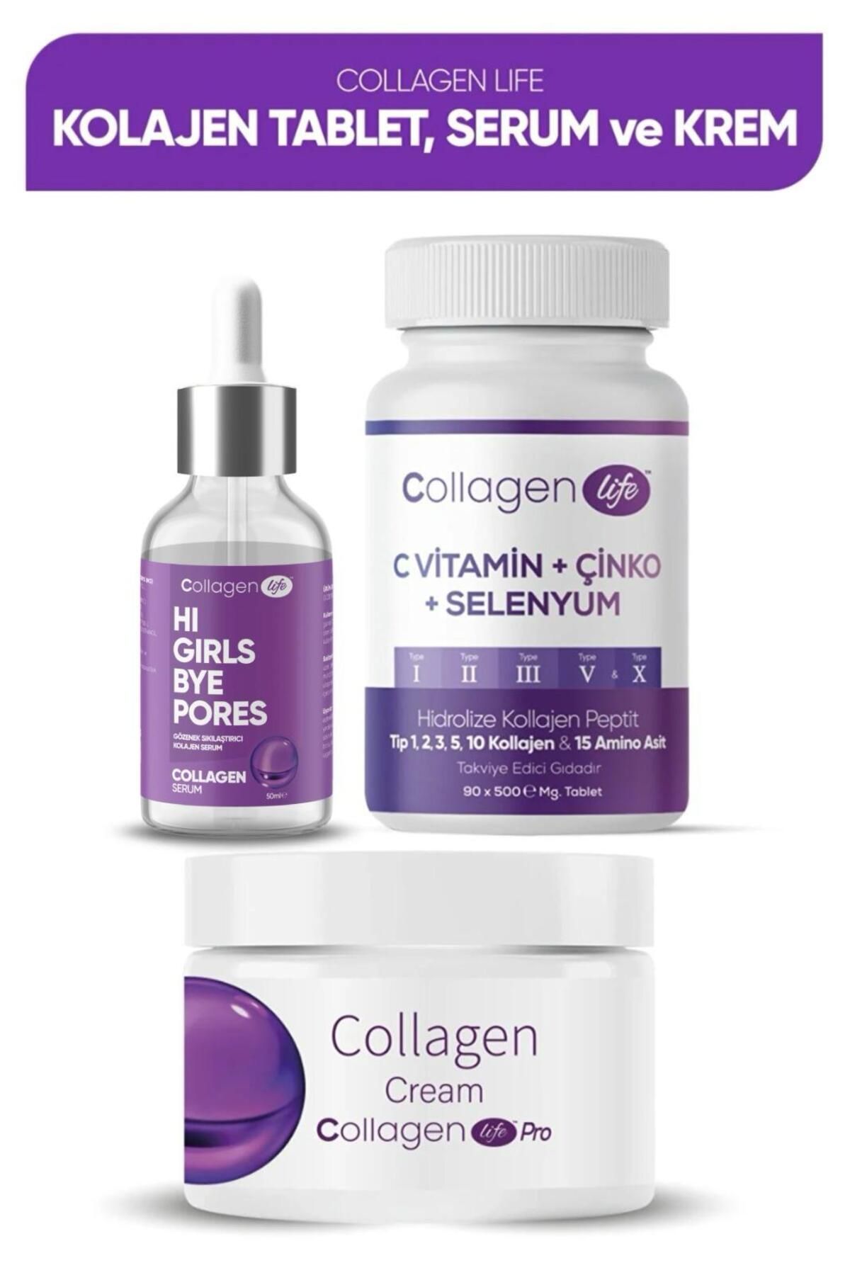 Collagen Life 5 Tip Kolajen Tablet + Kolajen Krem + Kolajen Serum 3 Lü Fırsat Seti