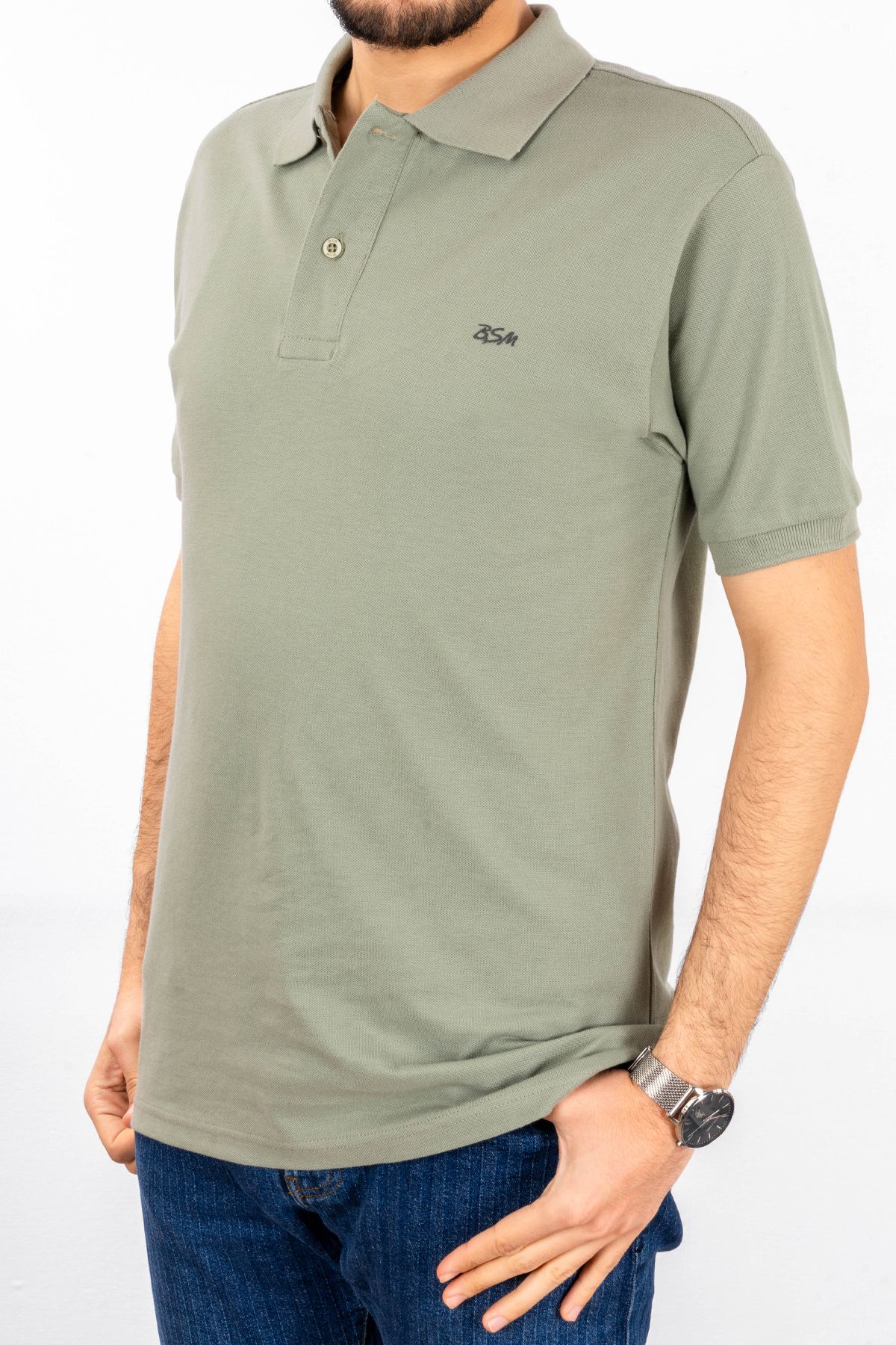 BSM Erkek Yüksek Kalite Kısa Kollu Polo Yaka Açık Yeşil Pike T-Shirt