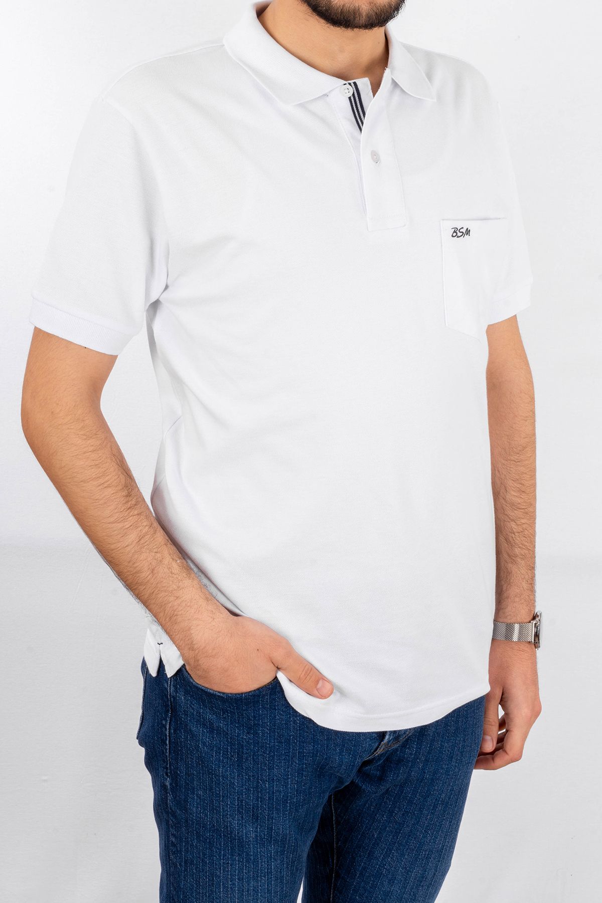 BSM Erkek Yüksek Kalite Cepli Kısa Kollu Polo Yaka Beyaz Pike T-Shirt