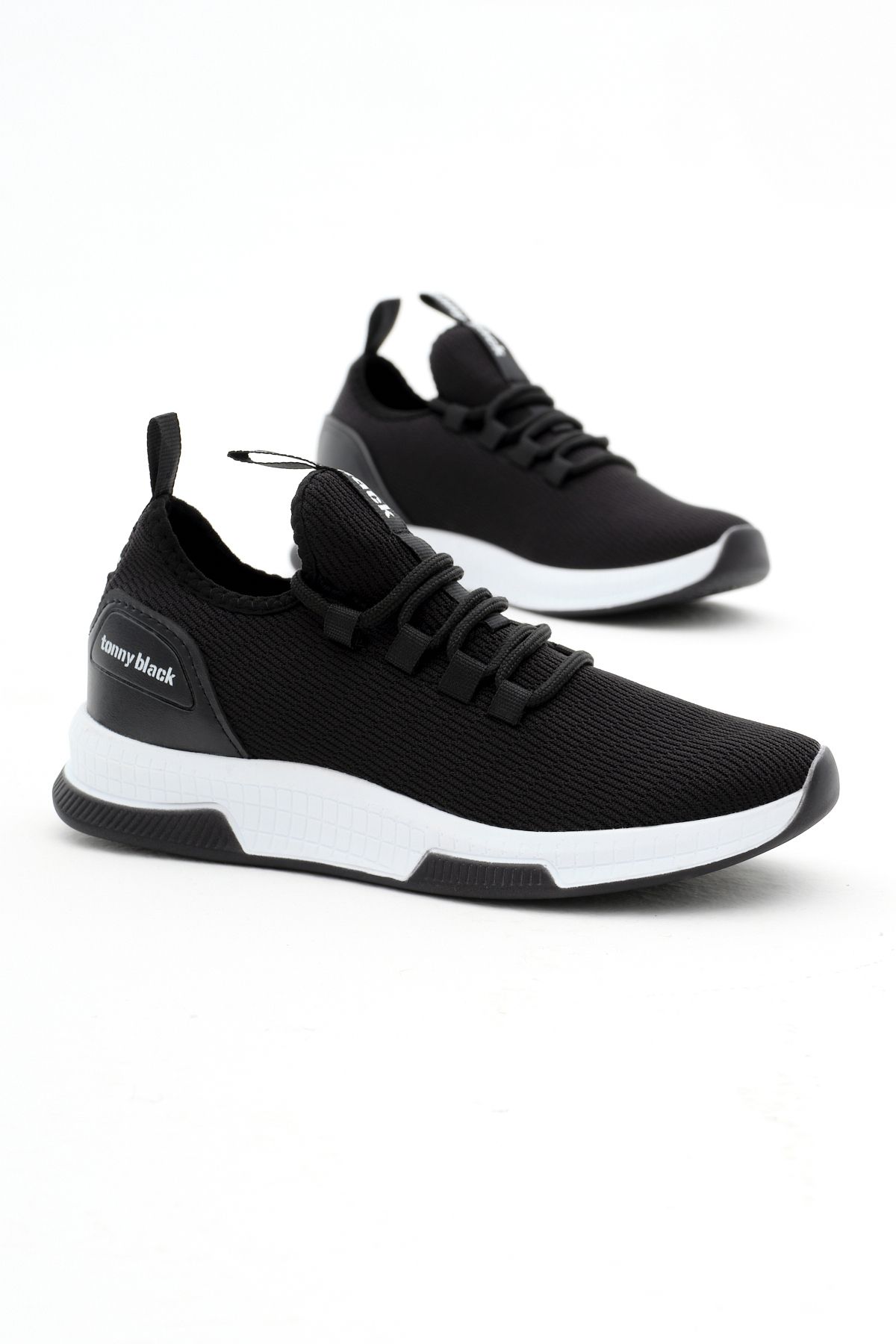 Tonny Black Unisex Siyah Beyaz Nefes Alabilen Kumaş Poli Taban Bağcıklı Spor Ayakkabı