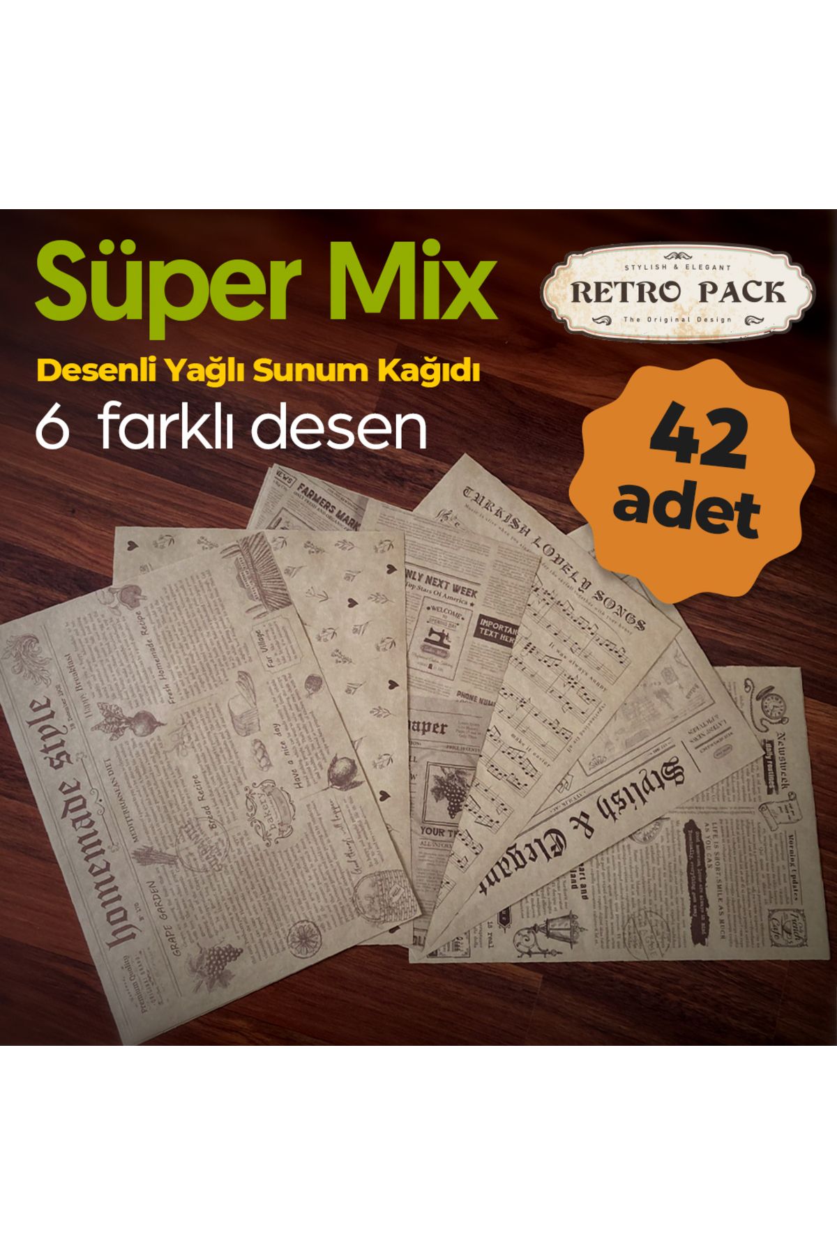 Retro Pack Süper Mix Kutu - 1 Kutuda 42 Adet Desenli Yağlı Kağıt - 6 Farklı Desen