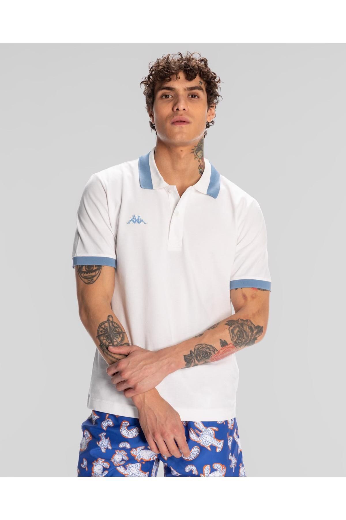 Kappa Logo Neon Erkek Beyaz-Neon Mavi Regular Fit Polo Tişört