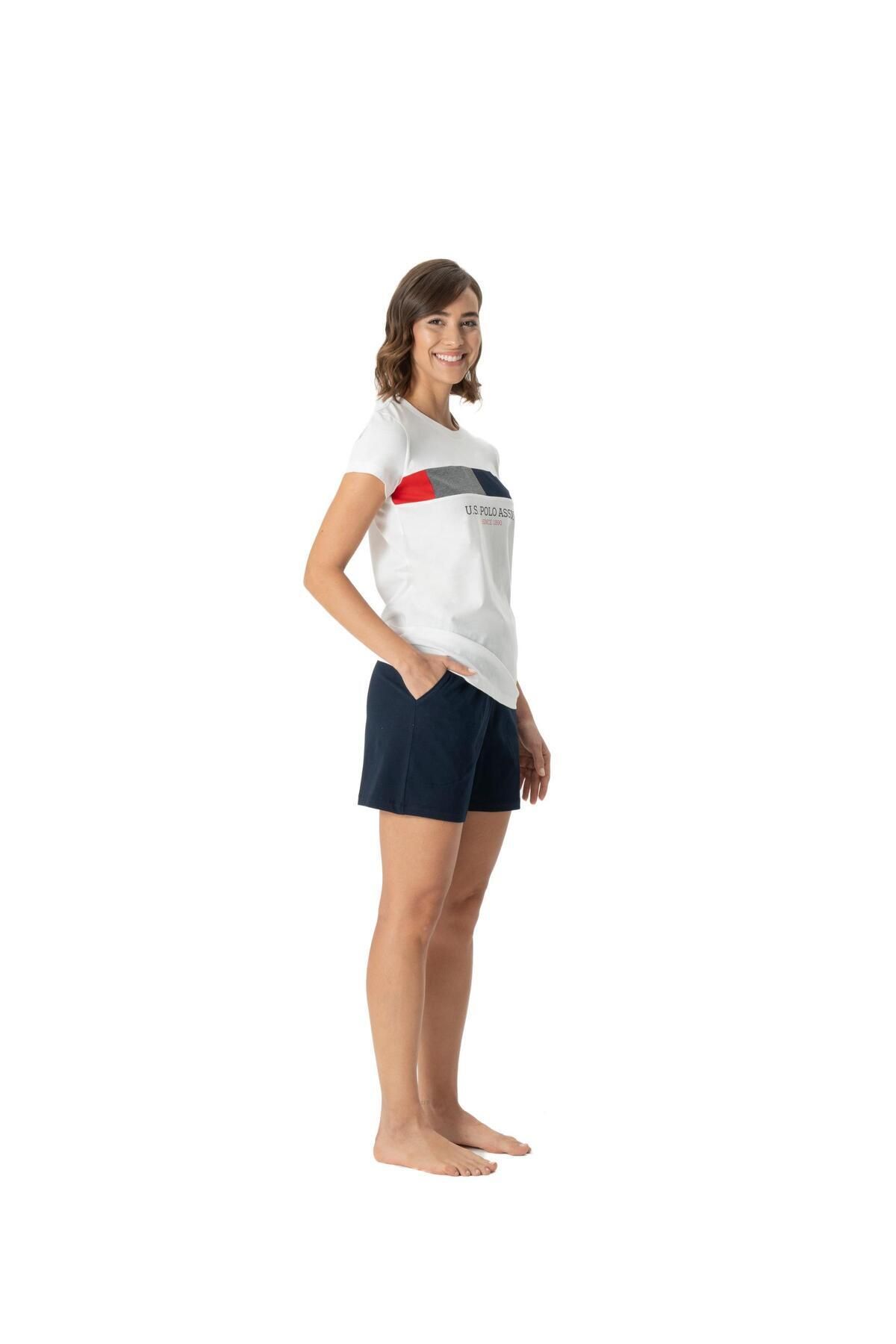 U.S. Polo Assn. U.S. Polo Assn. Kadın Ekru Kısa Kollu Yuvarlak Regular Tişört Şort Yazlık 2'li Pijama Takımı