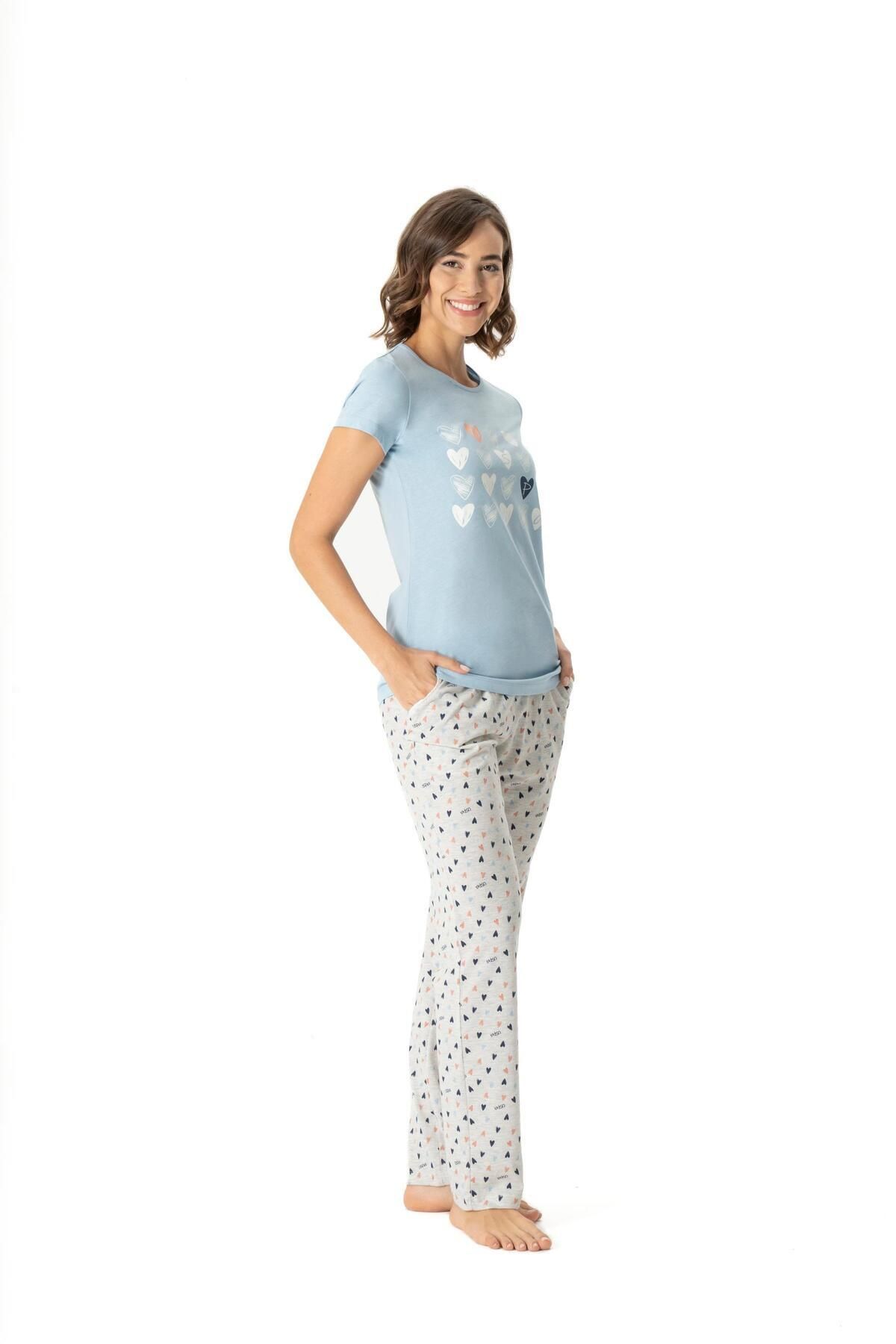 U.S. Polo Assn. U.S. Polo Assn. Kadın Kalpli Mavi Yuvarlak Yakalı Pijama Takımı