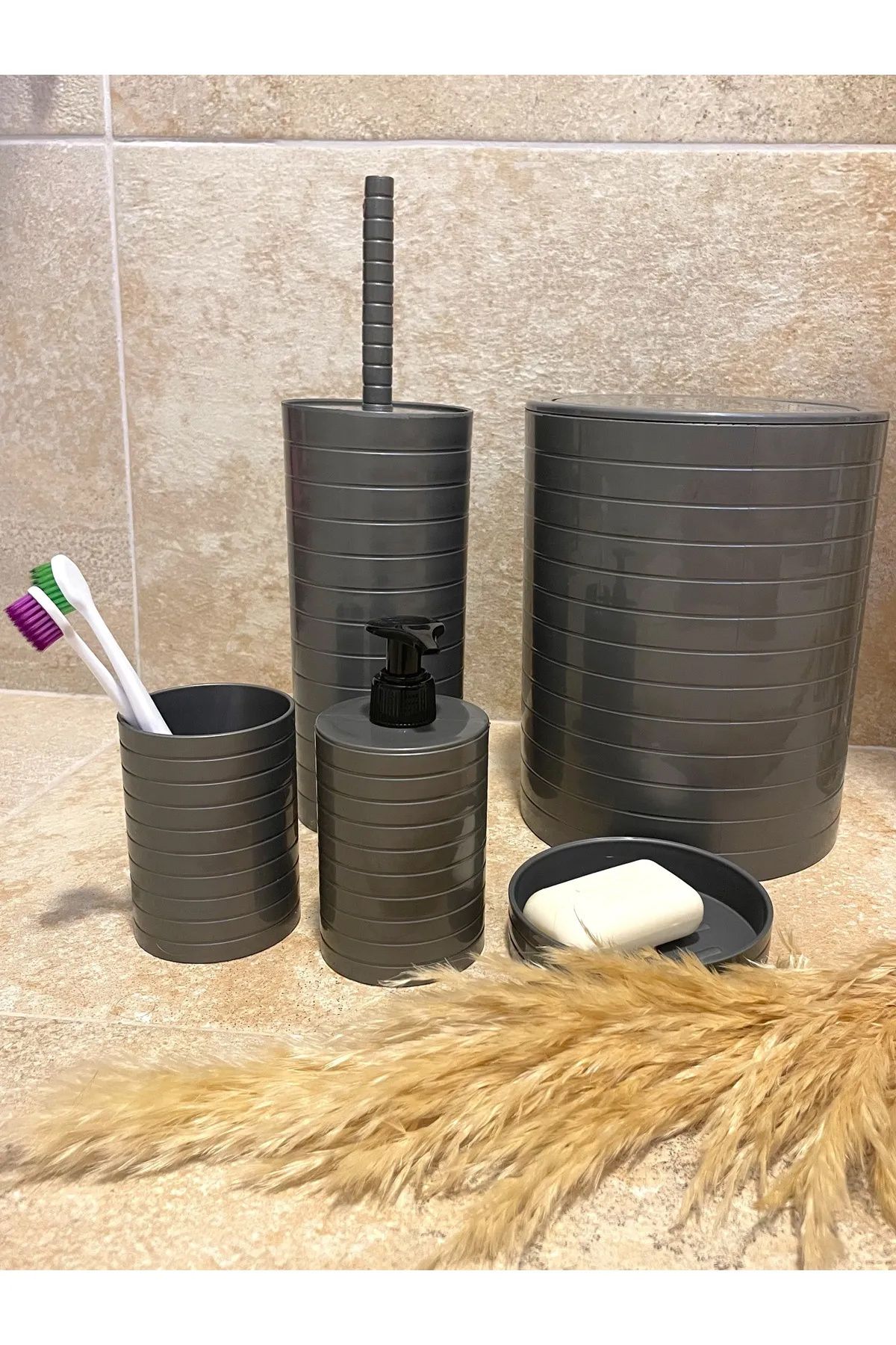 Royaleks Banyo Seti 5'li Gri Çöp Kovası Wc Fırçalık Sıvı Sabunluk Katı Sabunluk