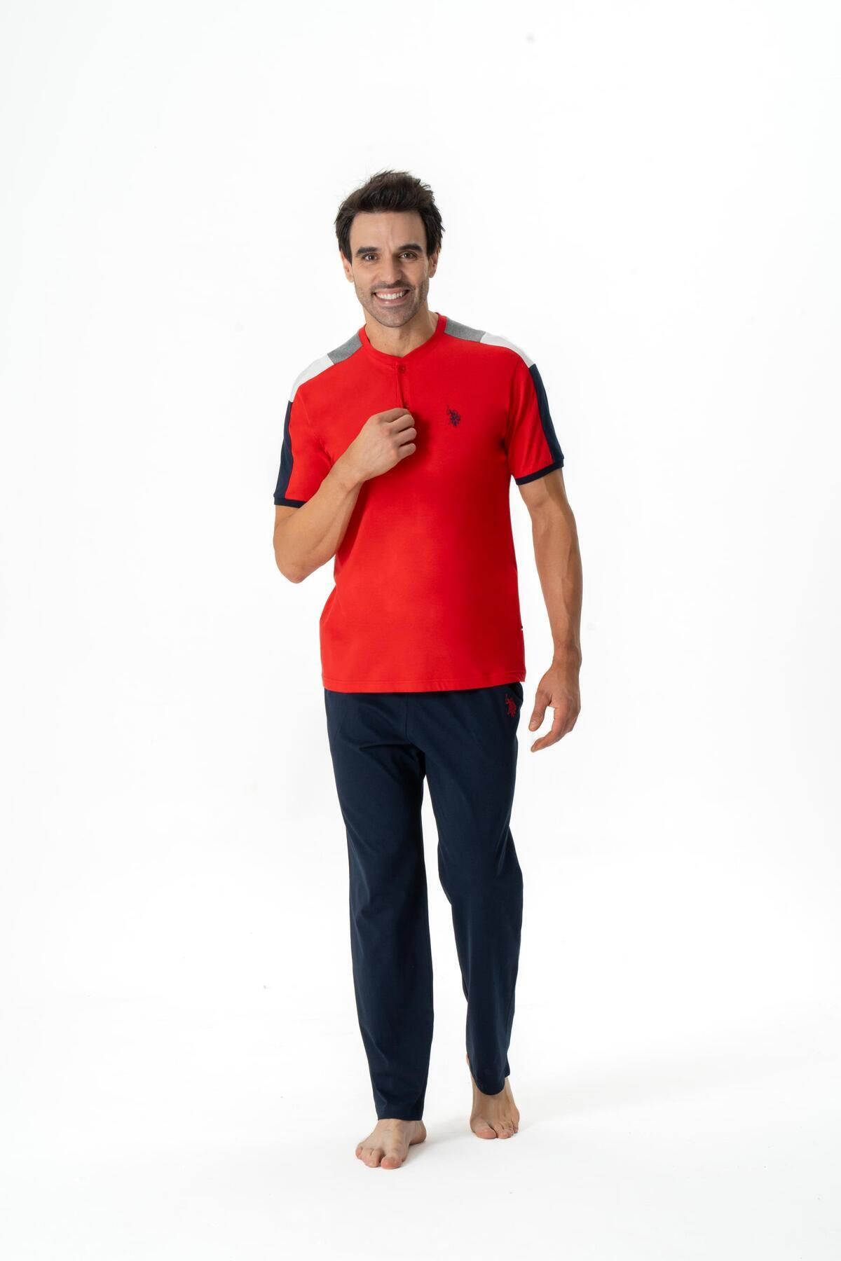 U.S. Polo Assn. U.S. Polo Assn. Erkek Yarım Pat Kırmızı Düz Paça Pijama Altı ve Tişört Regular 2'li Pijama Takımı