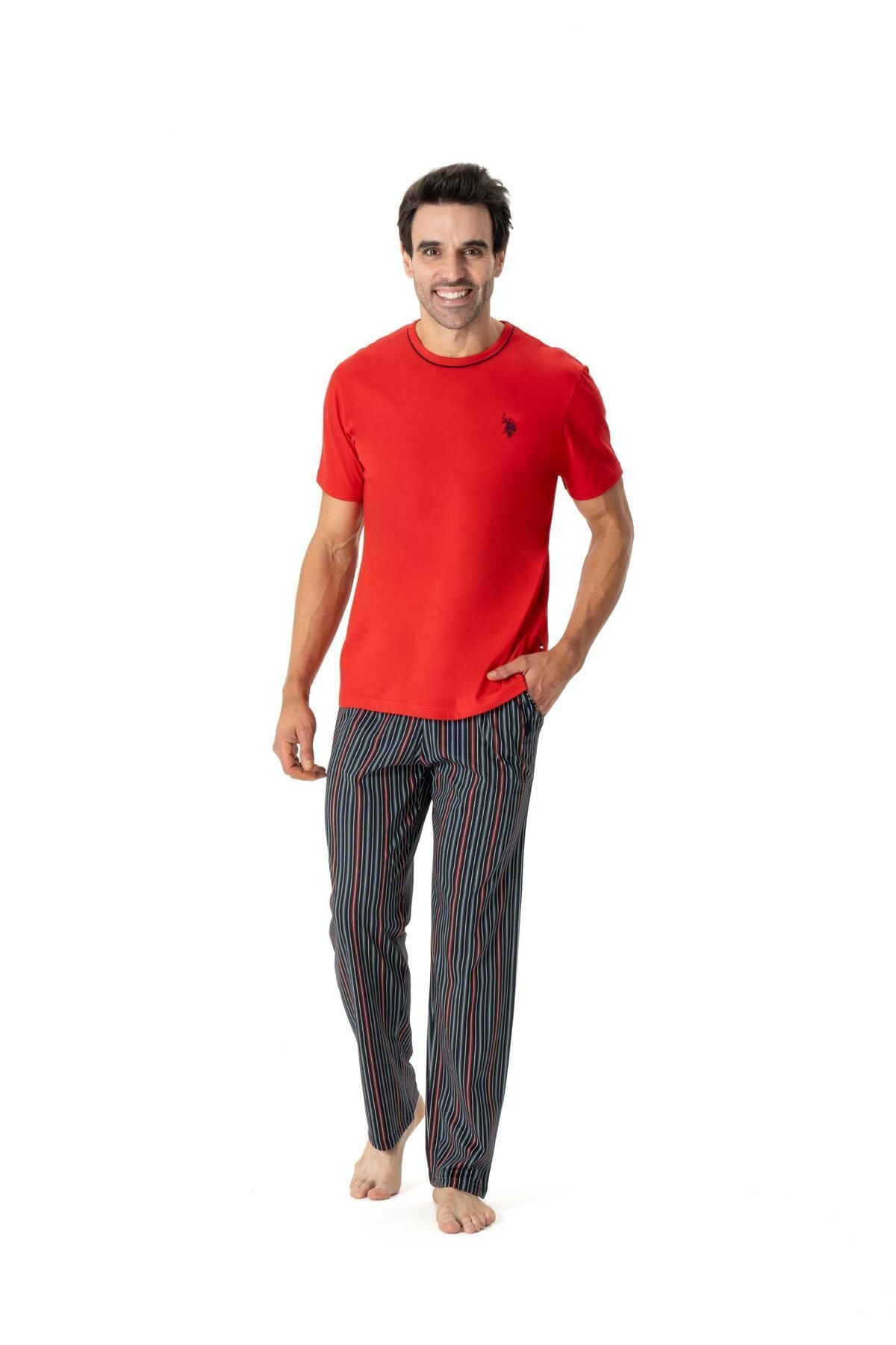U.S. Polo Assn. U.S. Polo Assn. Erkek Rahat Kesim Kırmızı Çizgili Yazlık 2'li Pijama Takımı