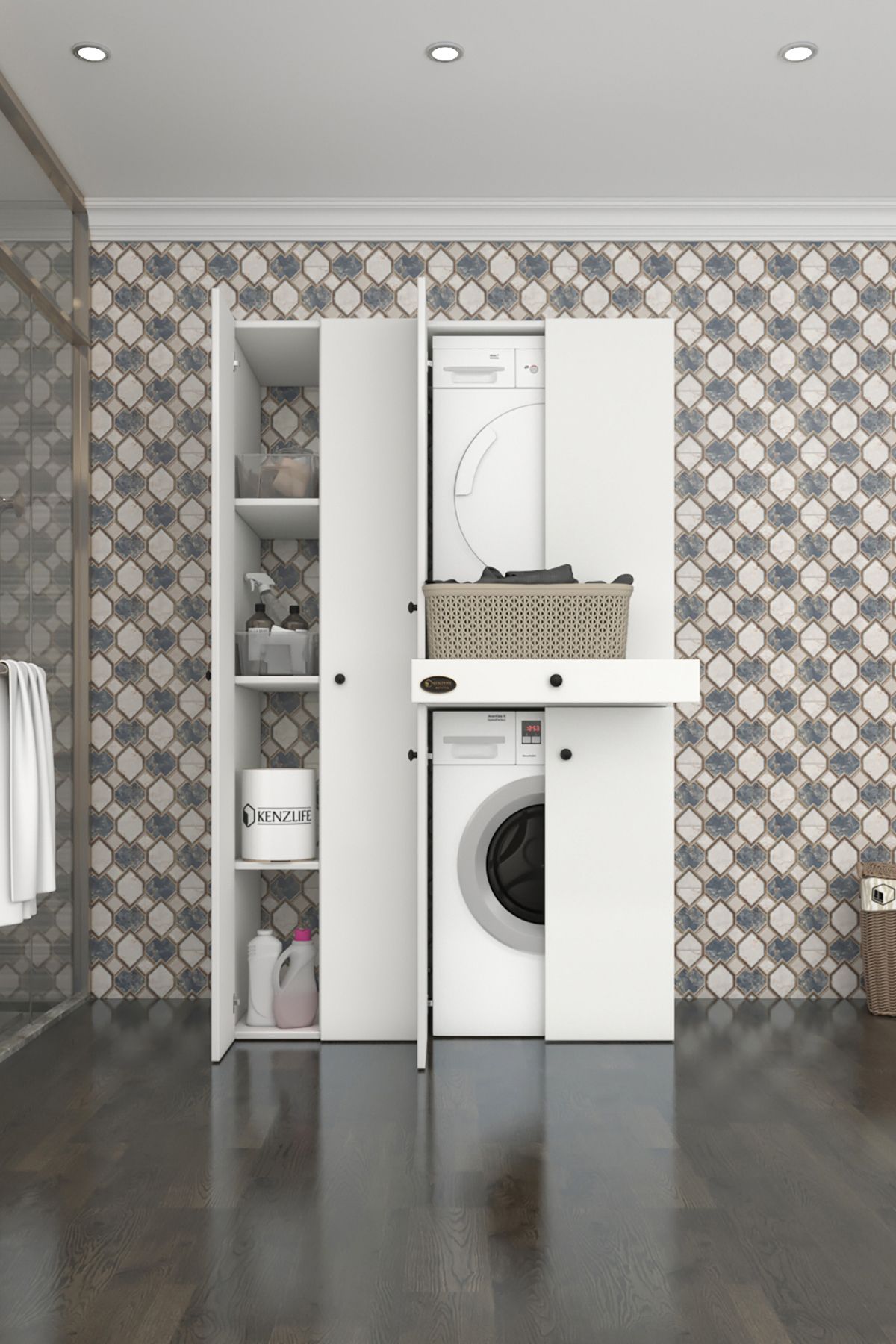 Kenzlife çamaşır-kurutma makinesi dolabı şahrur sol byz 187*120*60 çekmeceli banyo