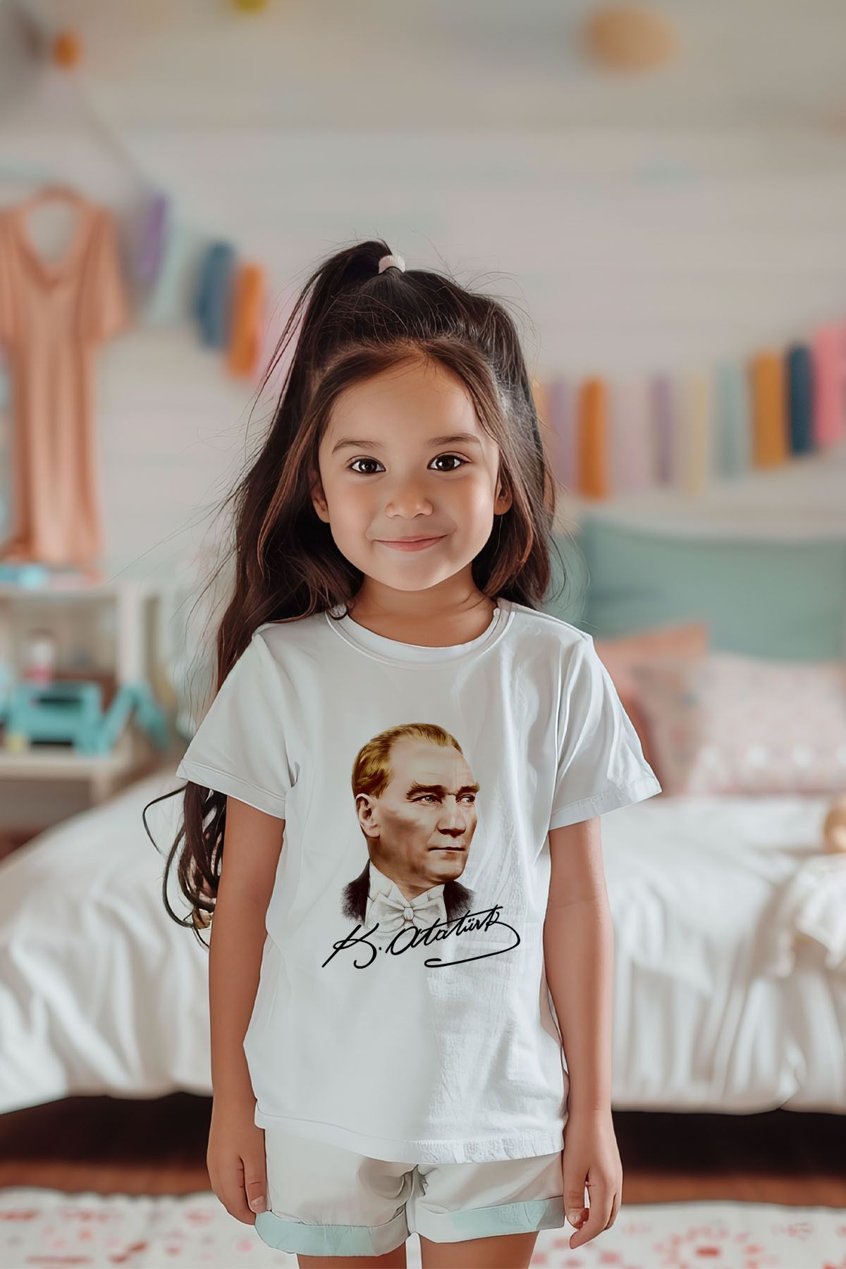 Lilabio %100 Pamuk Kız Çocuk Atatürk Baskılı Kısa Kollu Tişört