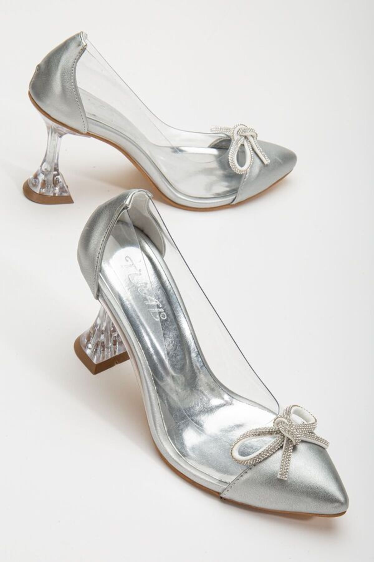 pabucmarketi Gümüş Gri Stiletto Taşlı Şeffaf Topuklu Kadın Ayakkabı