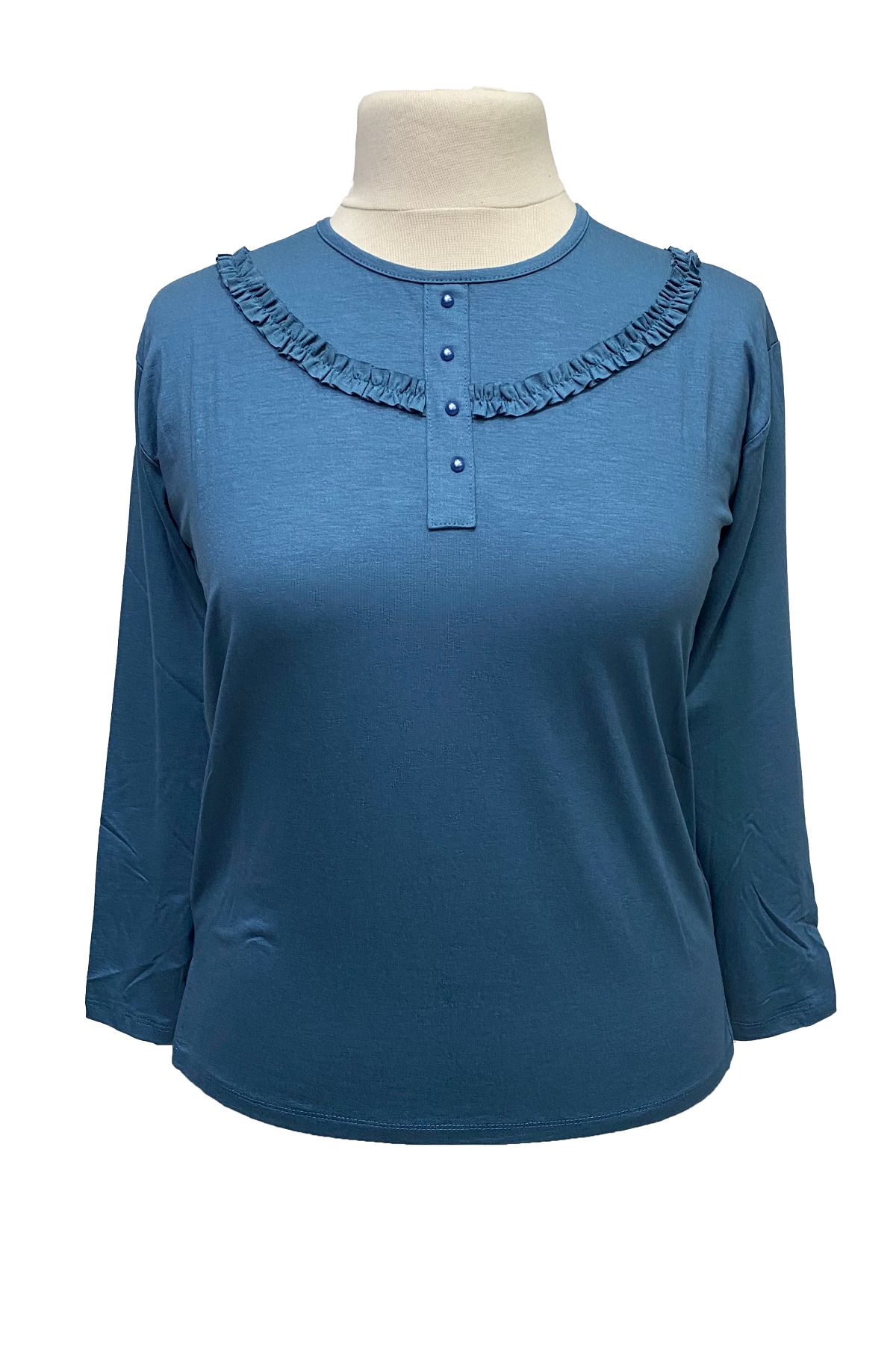 Giyinen Mağazaları Açık Mavi Derya Yuvarlak Yaka Fırfır Detaylı Penye Bluz